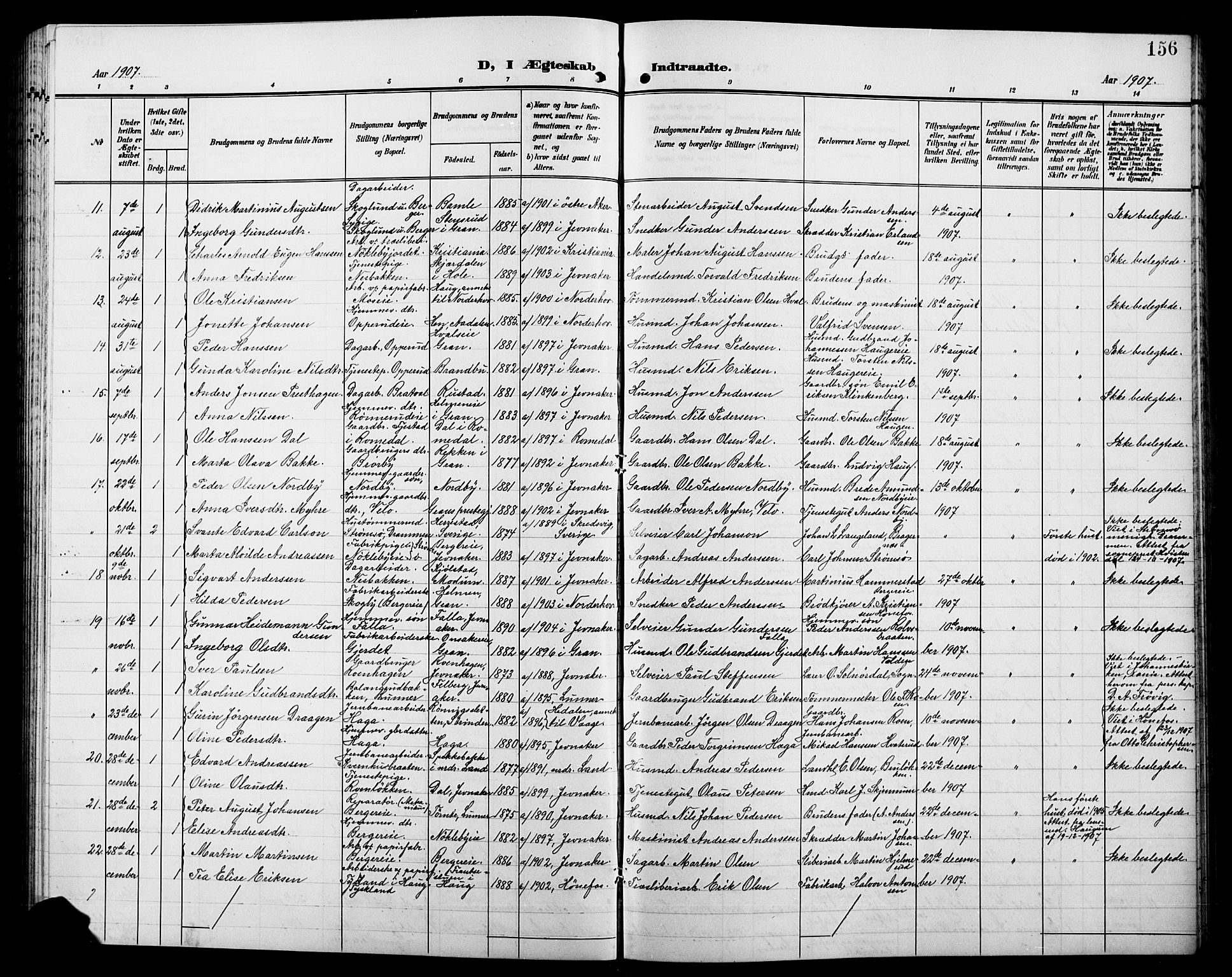 Jevnaker prestekontor, SAH/PREST-116/H/Ha/Hab/L0004: Parish register (copy) no. 4, 1907-1918, p. 156