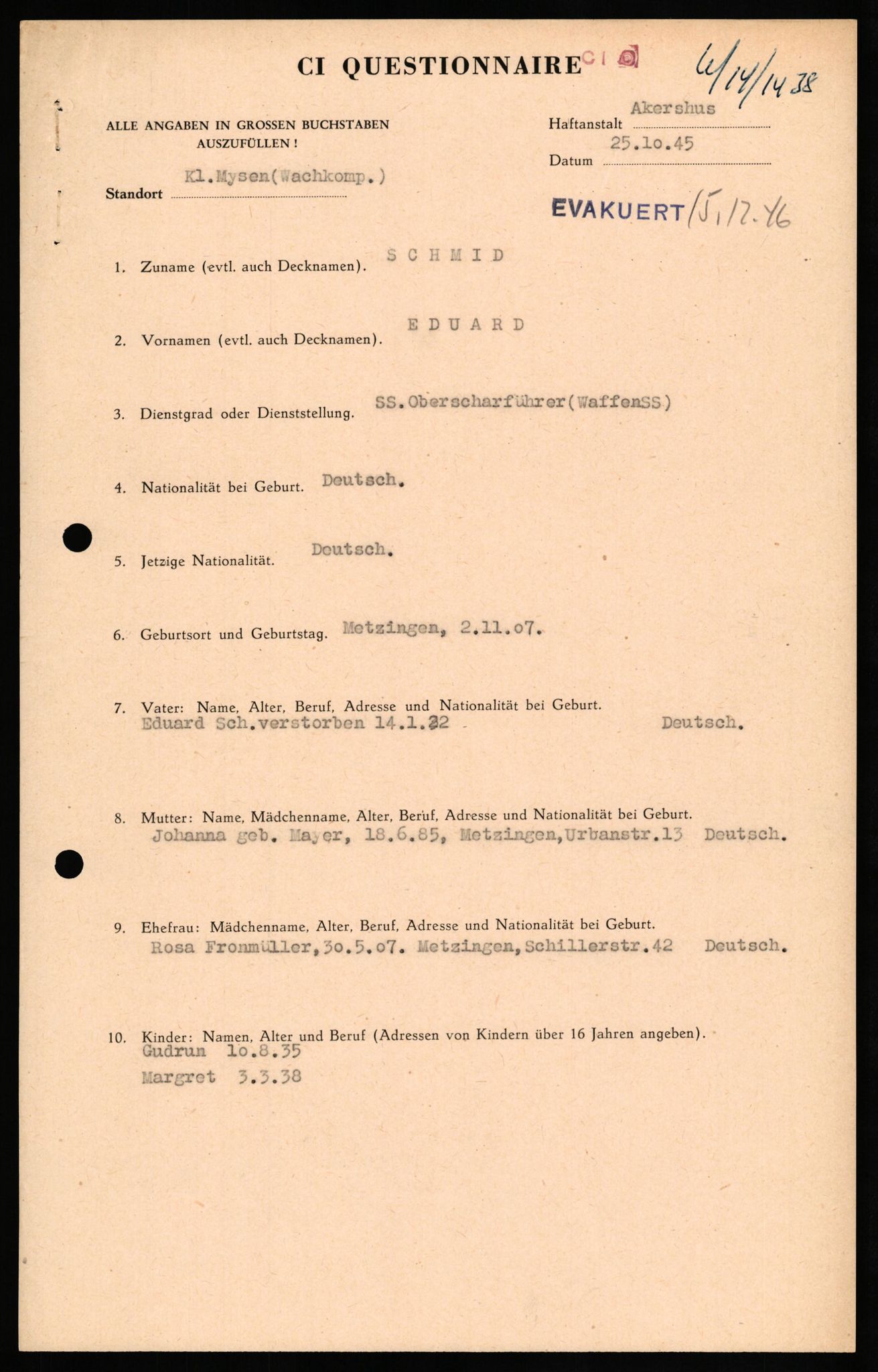 Forsvaret, Forsvarets overkommando II, RA/RAFA-3915/D/Db/L0029: CI Questionaires. Tyske okkupasjonsstyrker i Norge. Tyskere., 1945-1946, p. 326