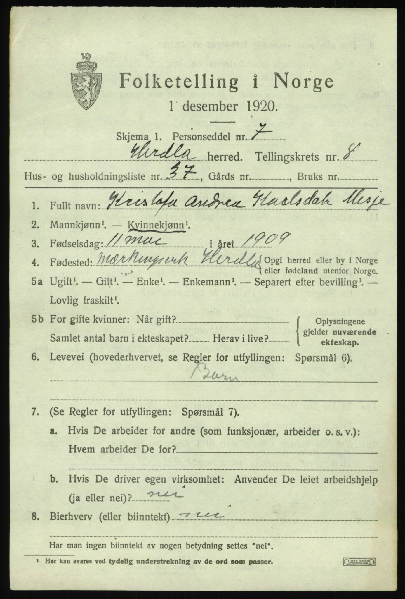 SAB, 1920 census for Herdla, 1920, p. 6275