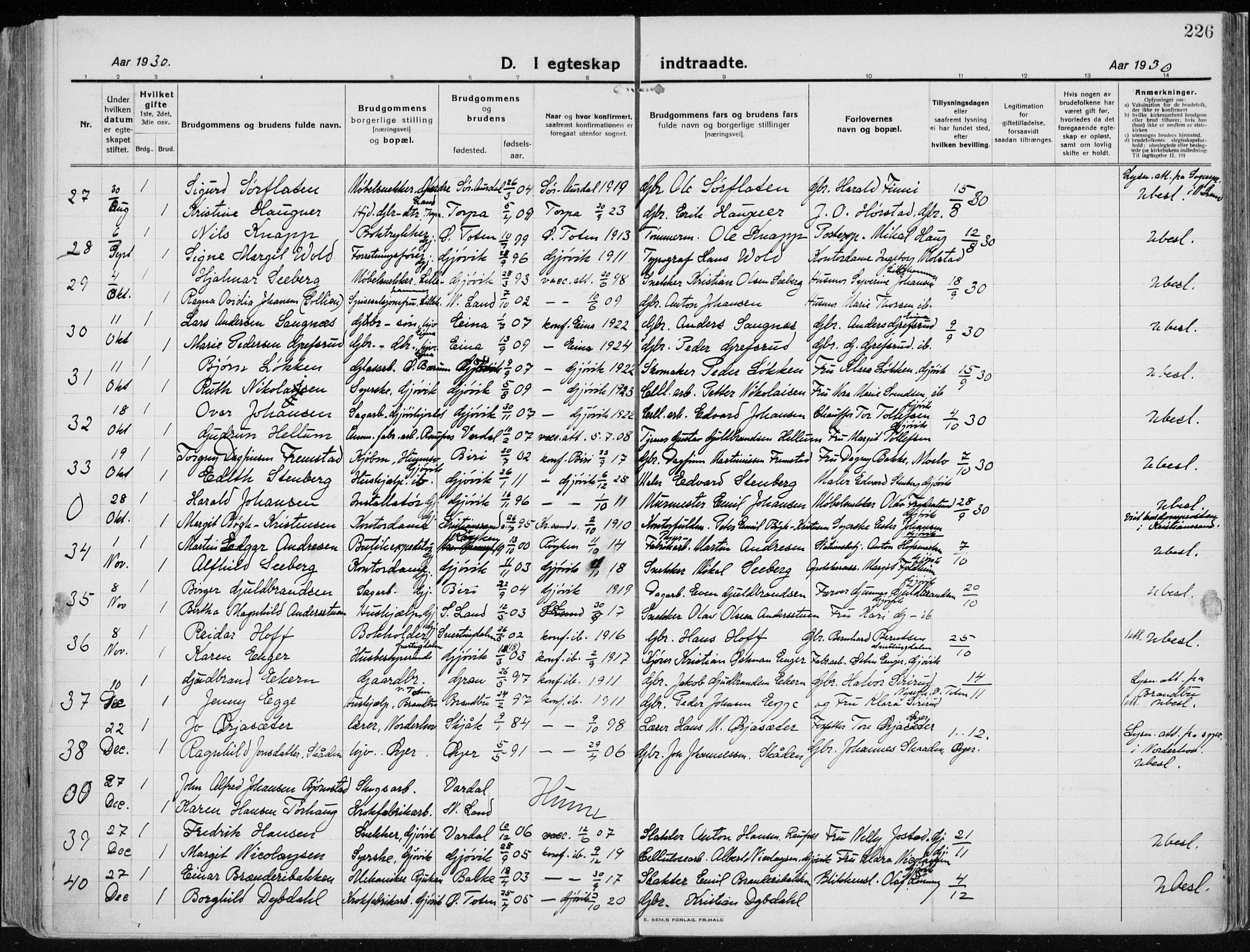 Vardal prestekontor, SAH/PREST-100/H/Ha/Haa/L0015: Parish register (official) no. 15, 1923-1937, p. 226