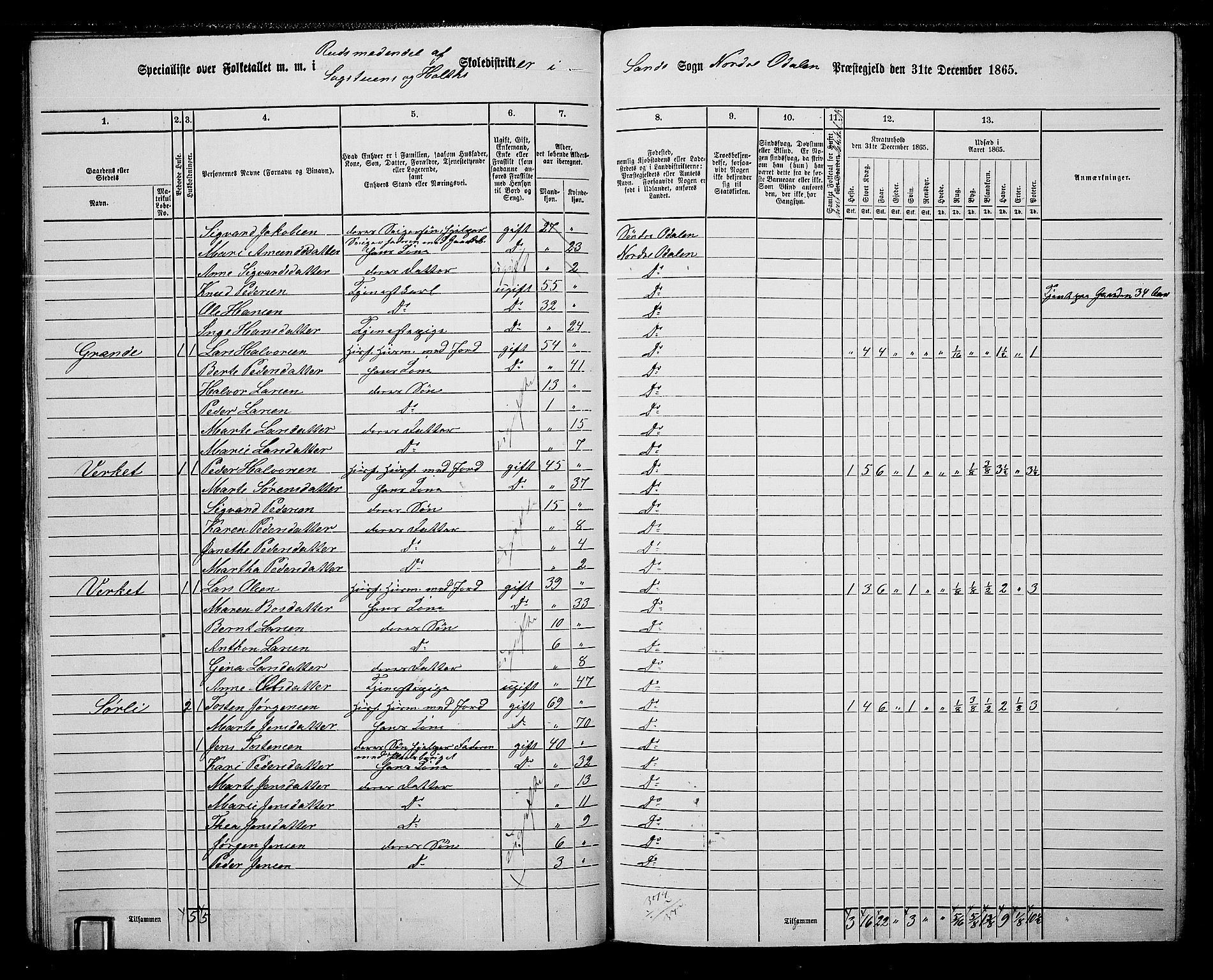 RA, 1865 census for Nord-Odal, 1865, p. 42