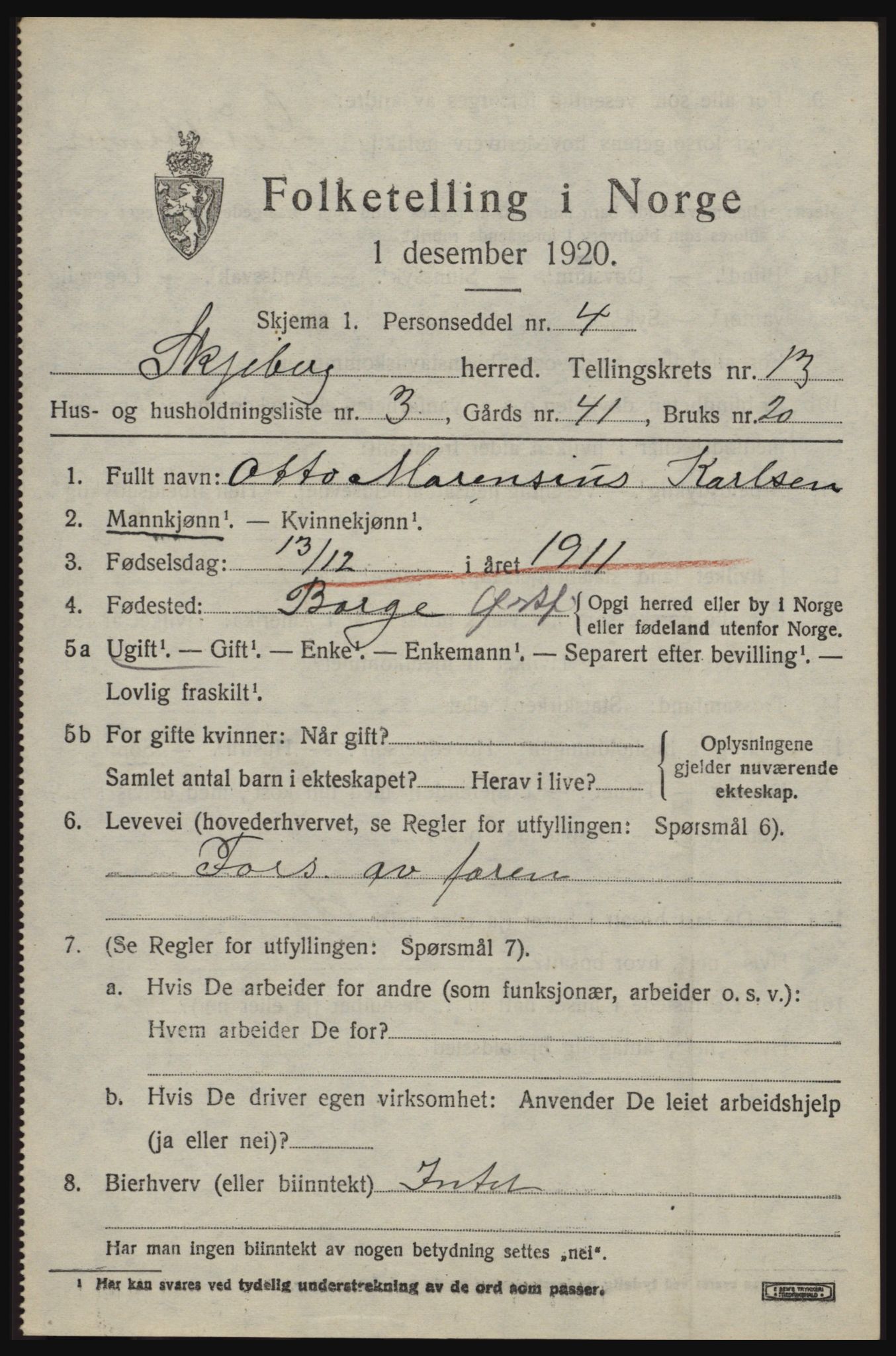 SAO, 1920 census for Skjeberg, 1920, p. 11663
