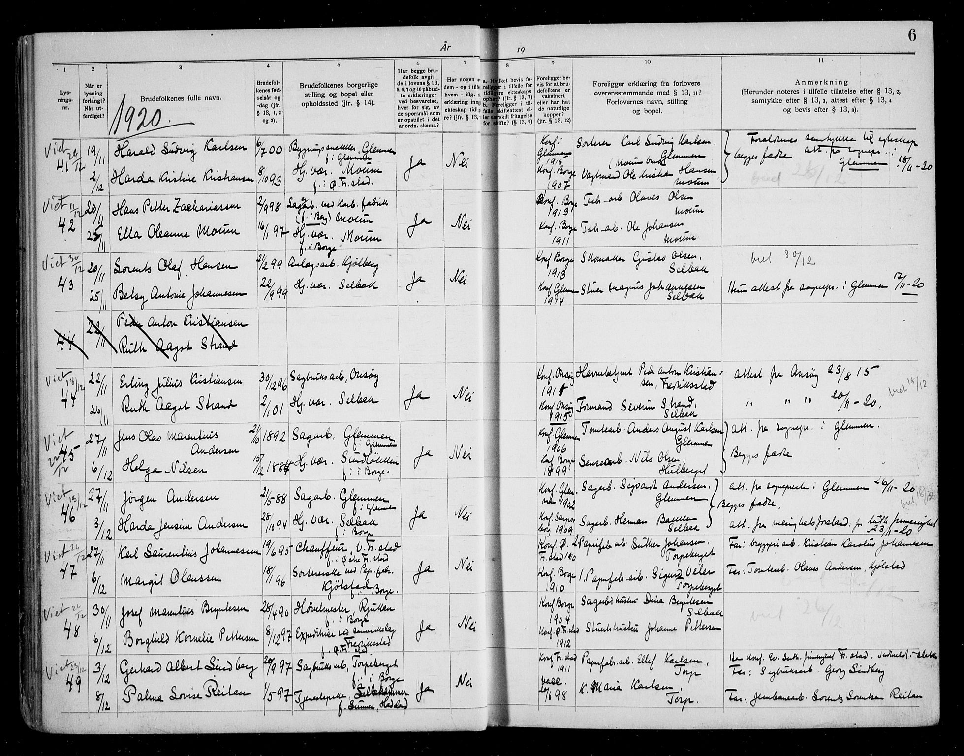 Borge prestekontor Kirkebøker, SAO/A-10903/H/Ha/L0001: Banns register no. I 1, 1919-1936, p. 6