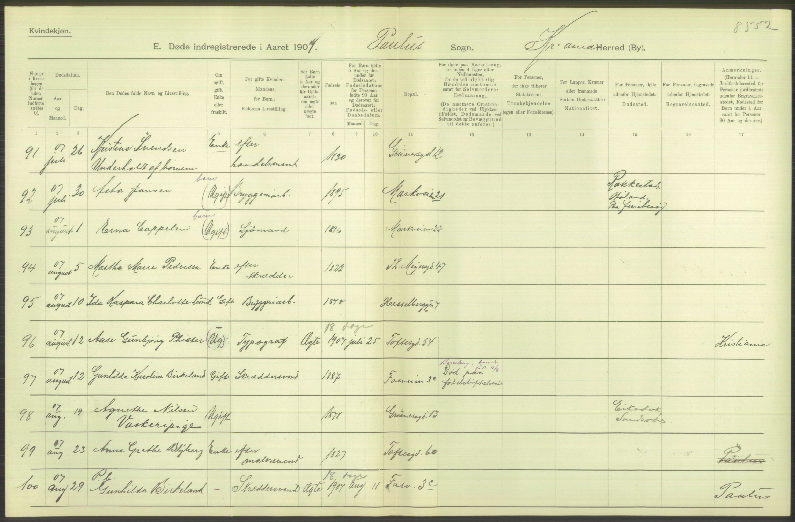 Statistisk sentralbyrå, Sosiodemografiske emner, Befolkning, AV/RA-S-2228/D/Df/Dfa/Dfae/L0009: Kristiania: Døde, 1907, p. 386