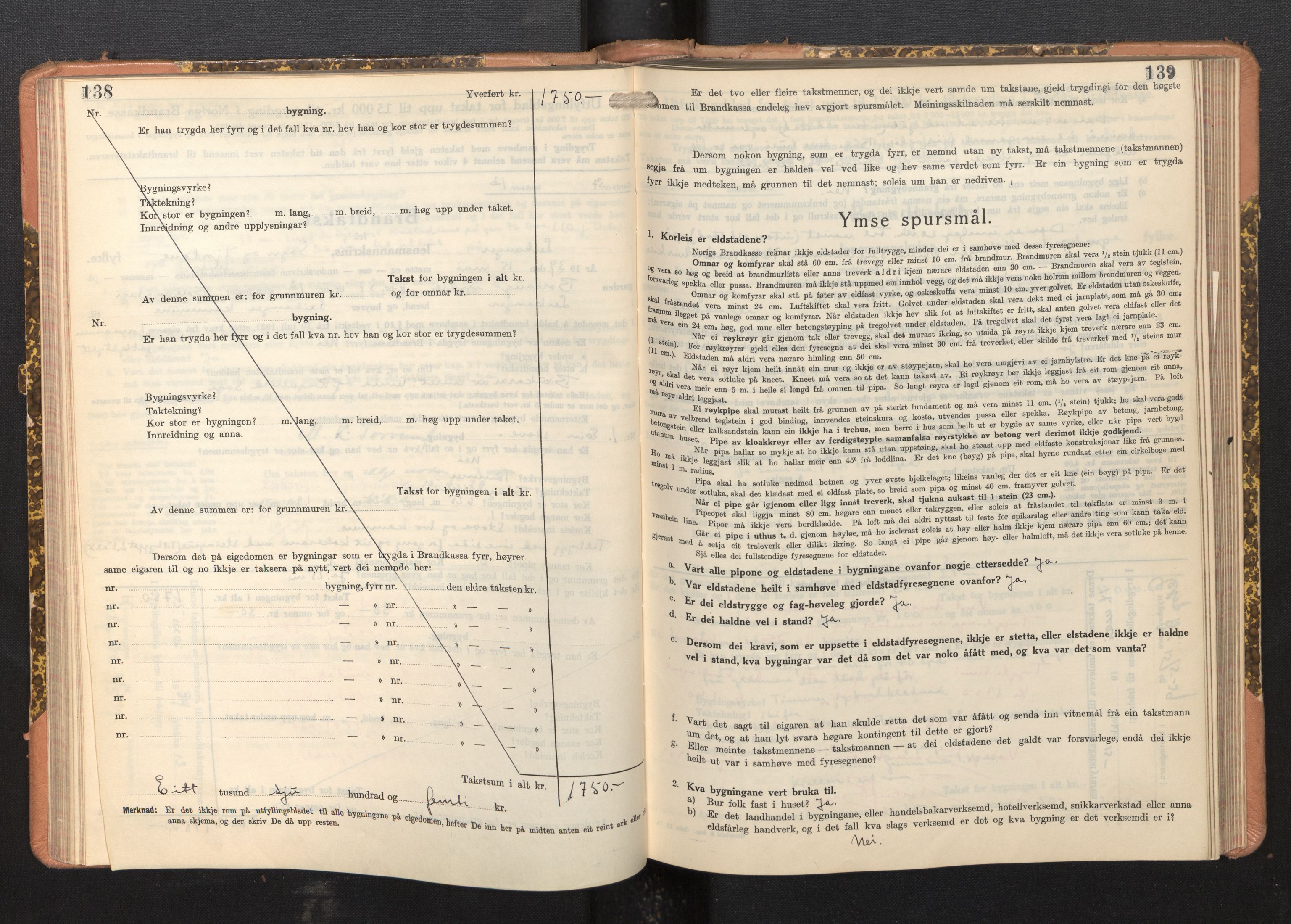 Lensmannen i Leikanger, AV/SAB-A-29201/0012/L0008: Branntakstprotokoll, skjematakst, 1937-1946, p. 138-139