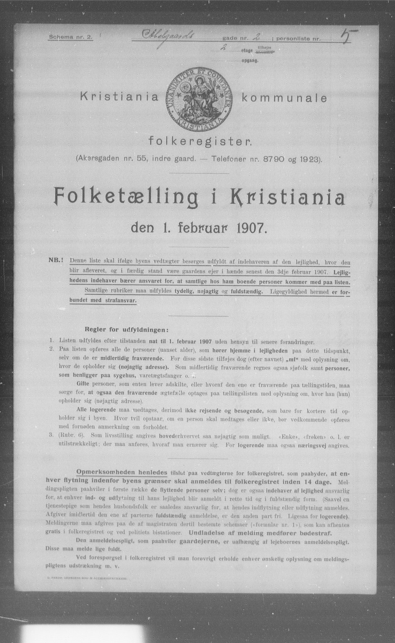 OBA, Municipal Census 1907 for Kristiania, 1907, p. 4