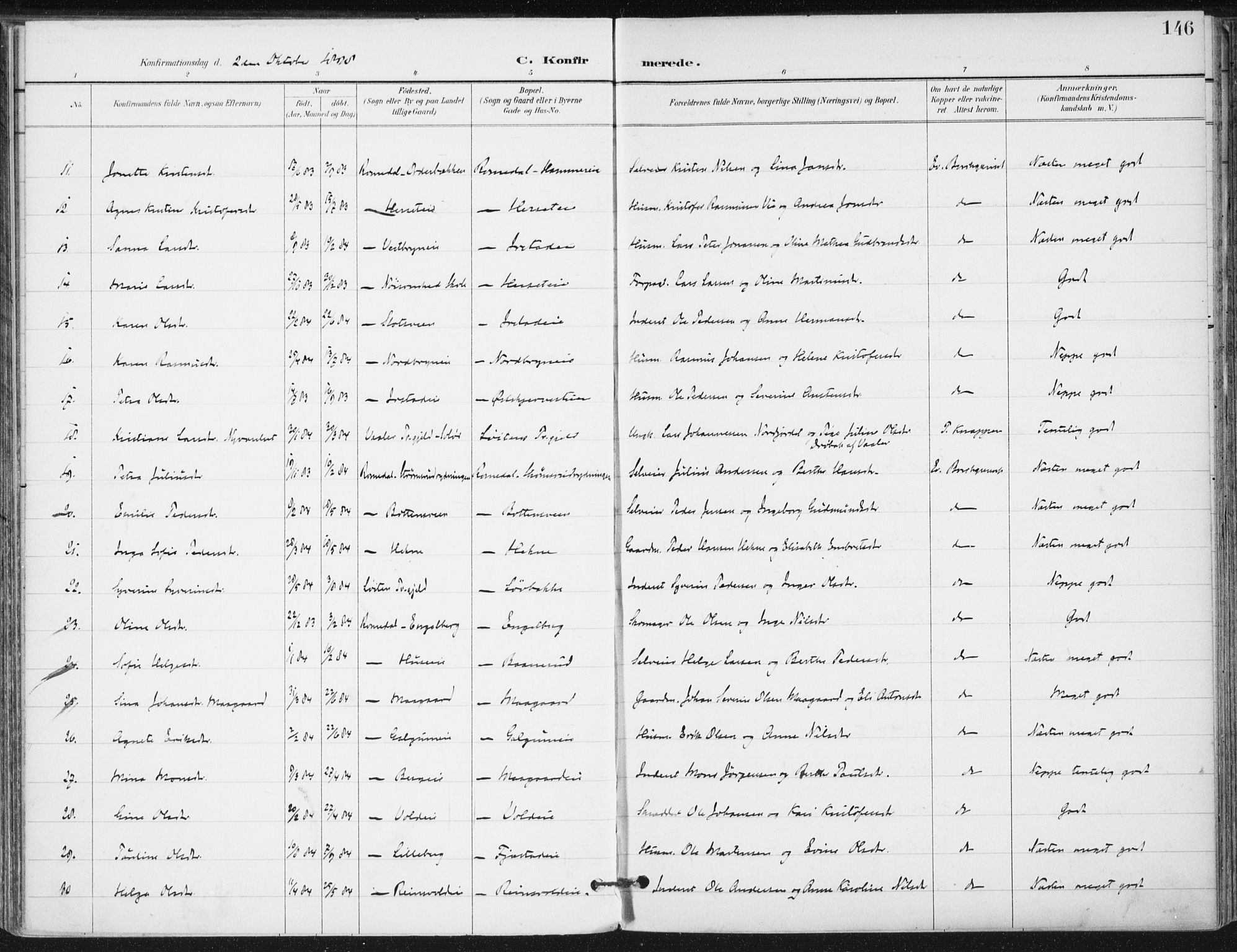 Romedal prestekontor, AV/SAH-PREST-004/K/L0011: Parish register (official) no. 11, 1896-1912, p. 146