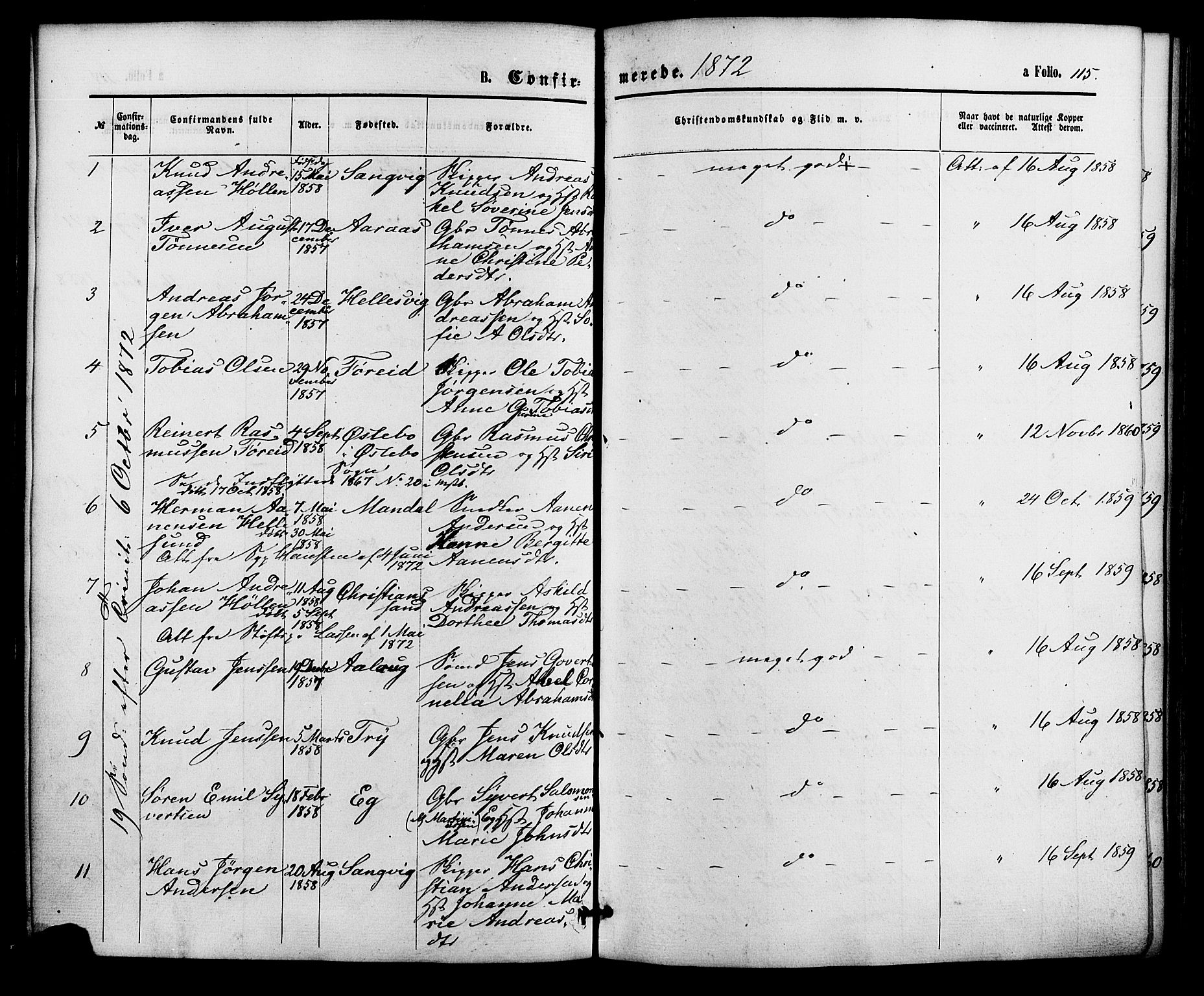 Søgne sokneprestkontor, AV/SAK-1111-0037/F/Fa/Fab/L0011: Parish register (official) no. A 11, 1869-1879, p. 115