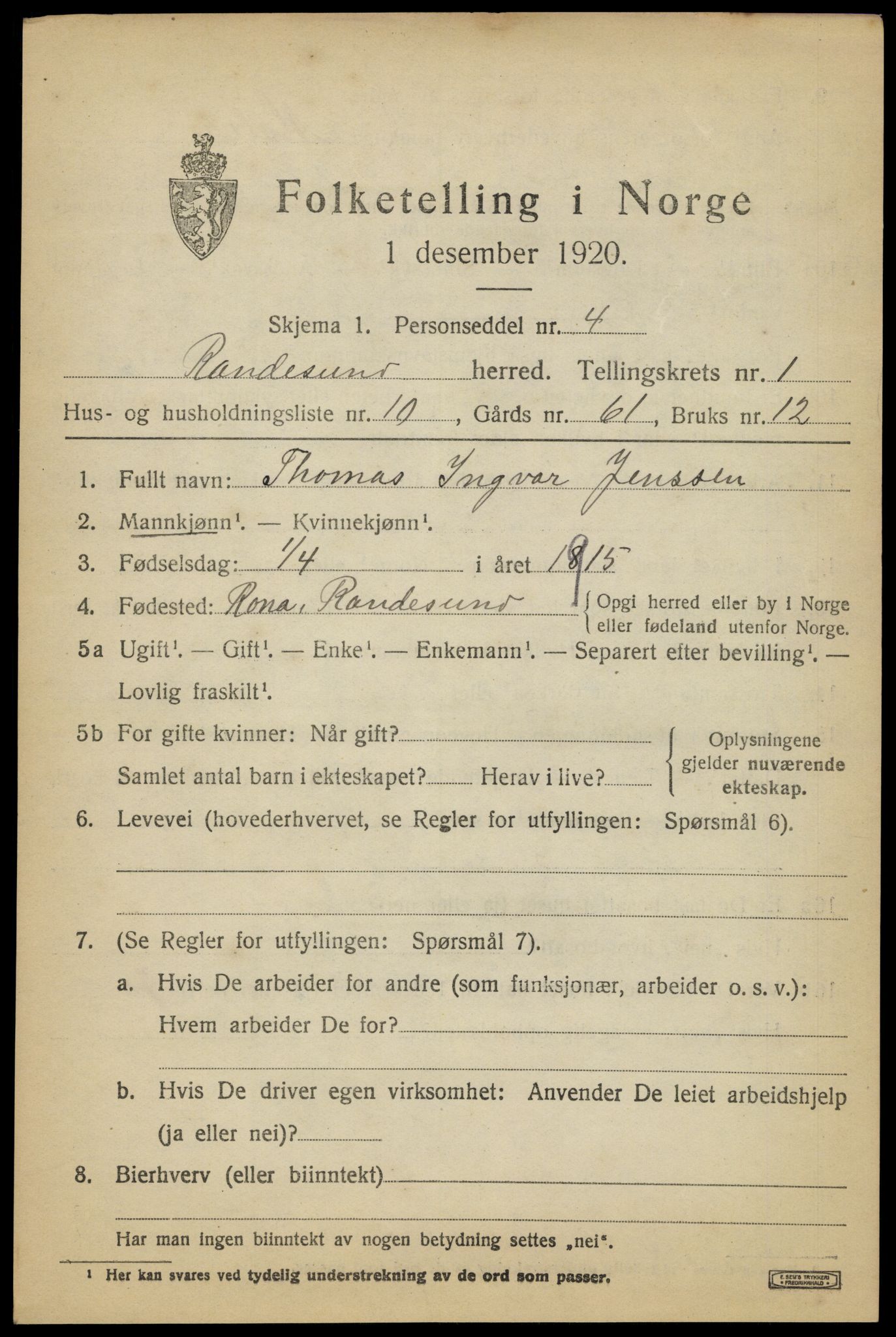 SAK, 1920 census for Randesund, 1920, p. 660