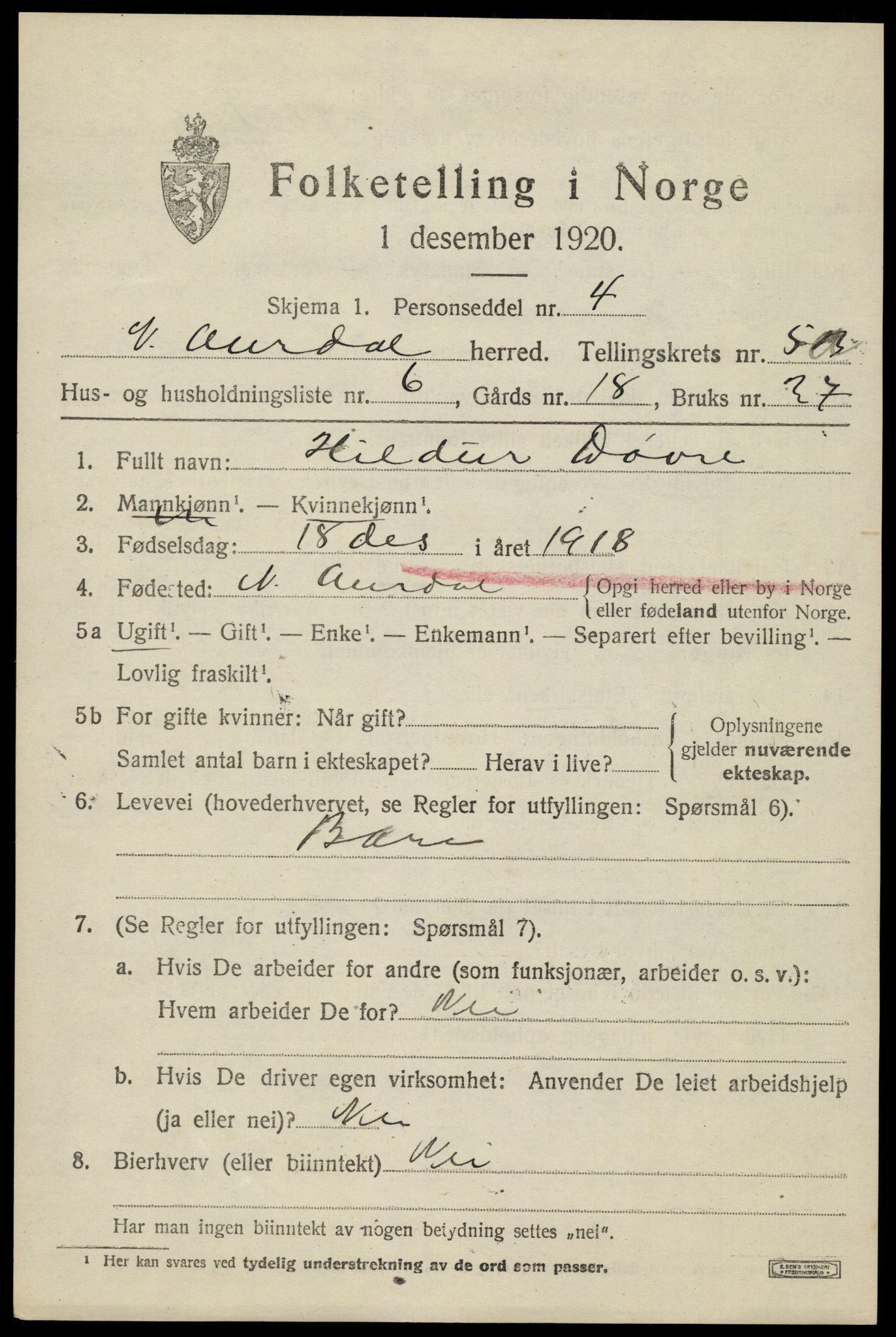 SAH, 1920 census for Nord-Aurdal, 1920, p. 4728