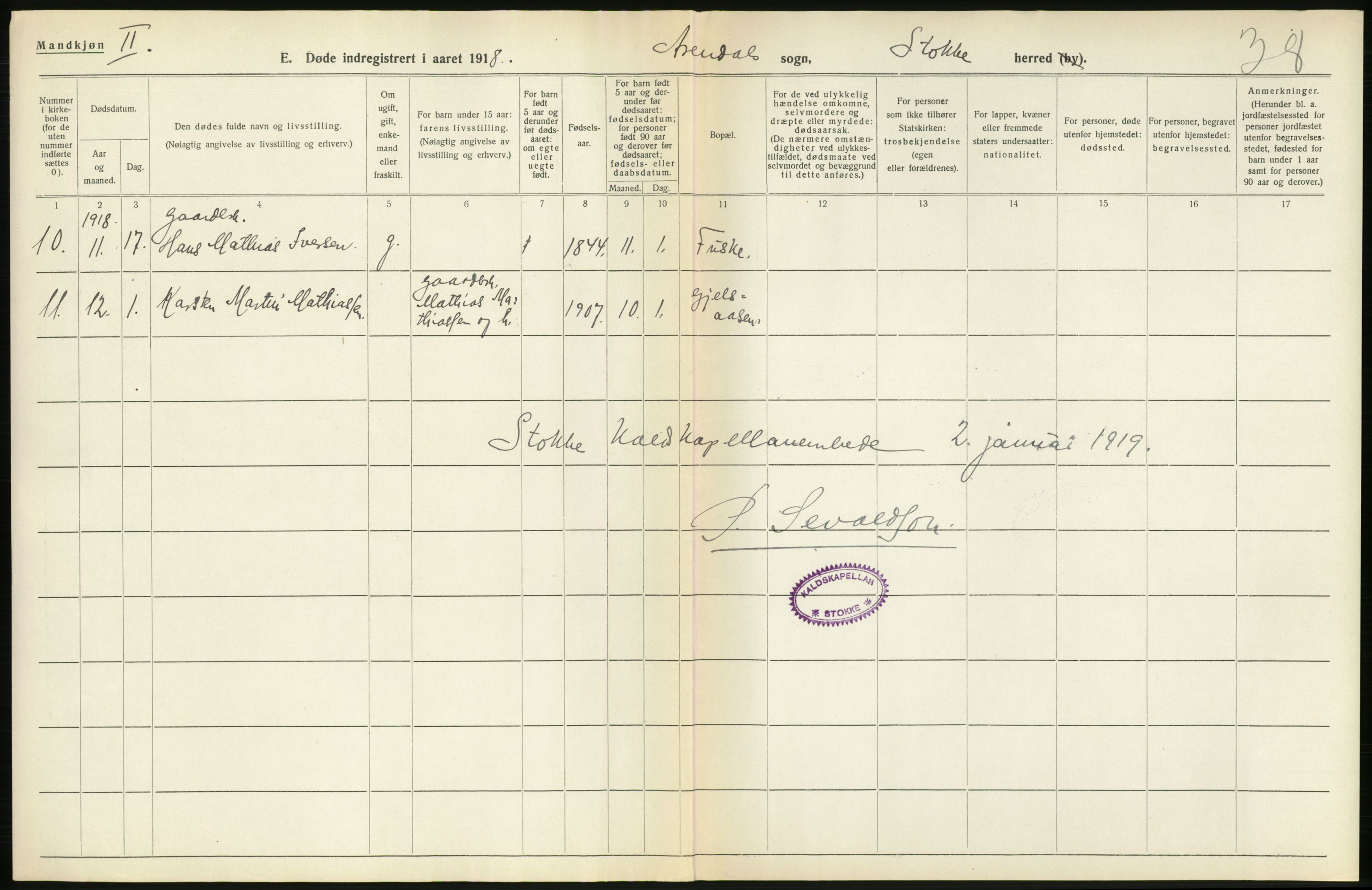 Statistisk sentralbyrå, Sosiodemografiske emner, Befolkning, AV/RA-S-2228/D/Df/Dfb/Dfbh/L0023: Vestfold fylke: Døde. Bygder og byer., 1918, p. 74