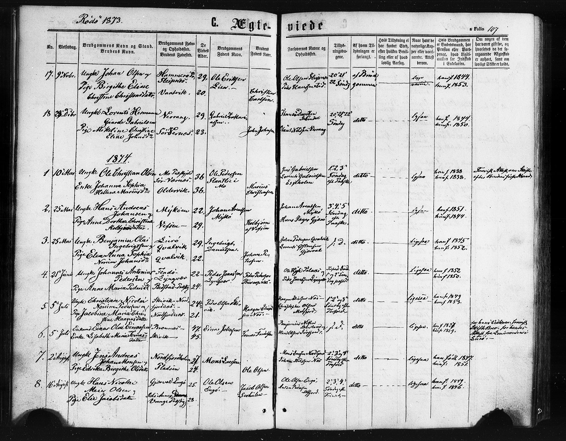 Ministerialprotokoller, klokkerbøker og fødselsregistre - Nordland, SAT/A-1459/841/L0607: Parish register (official) no. 841A11 /1, 1863-1877, p. 107
