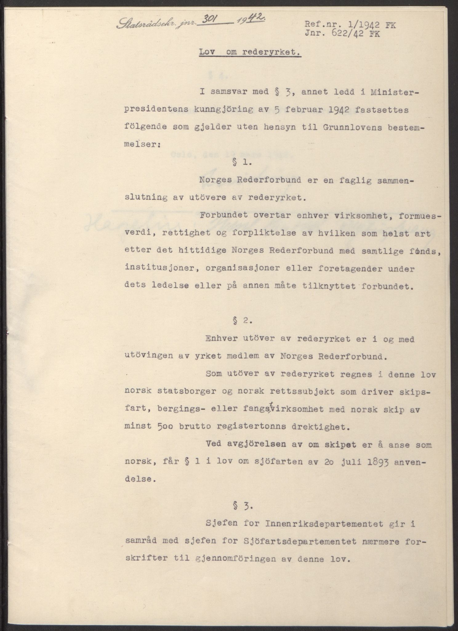 NS-administrasjonen 1940-1945 (Statsrådsekretariatet, de kommisariske statsråder mm), RA/S-4279/D/Db/L0097: Lover I, 1942, p. 180