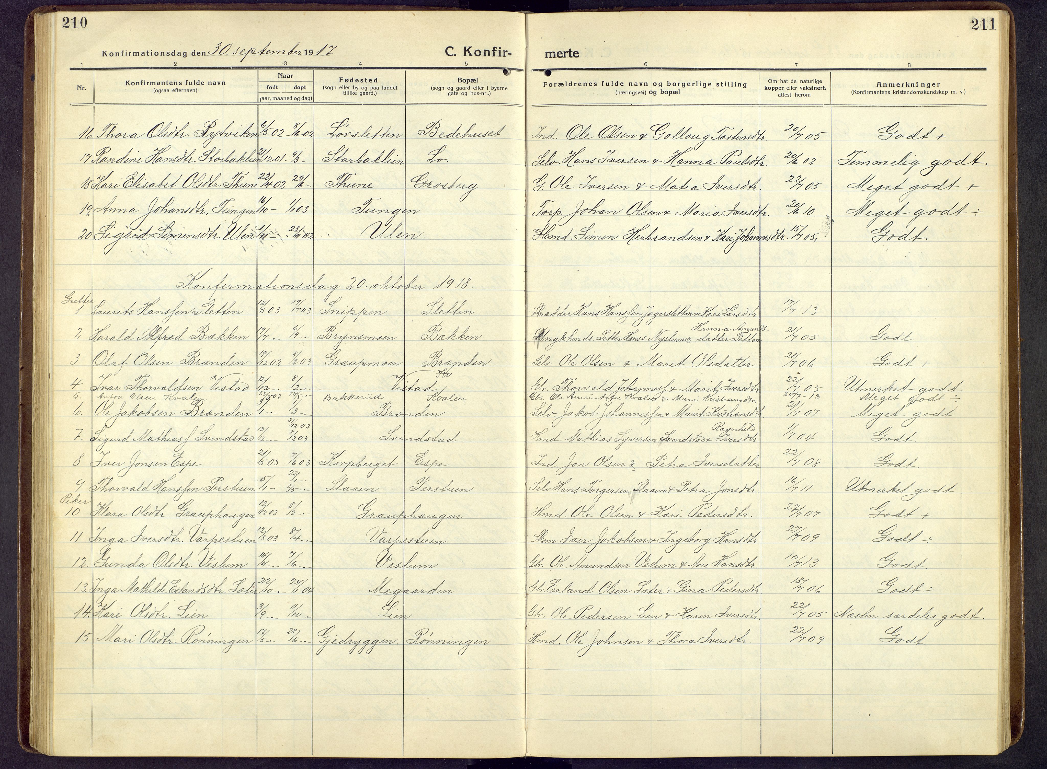 Nord-Fron prestekontor, SAH/PREST-080/H/Ha/Hab/L0009: Parish register (copy) no. 9, 1915-1958, p. 210-211