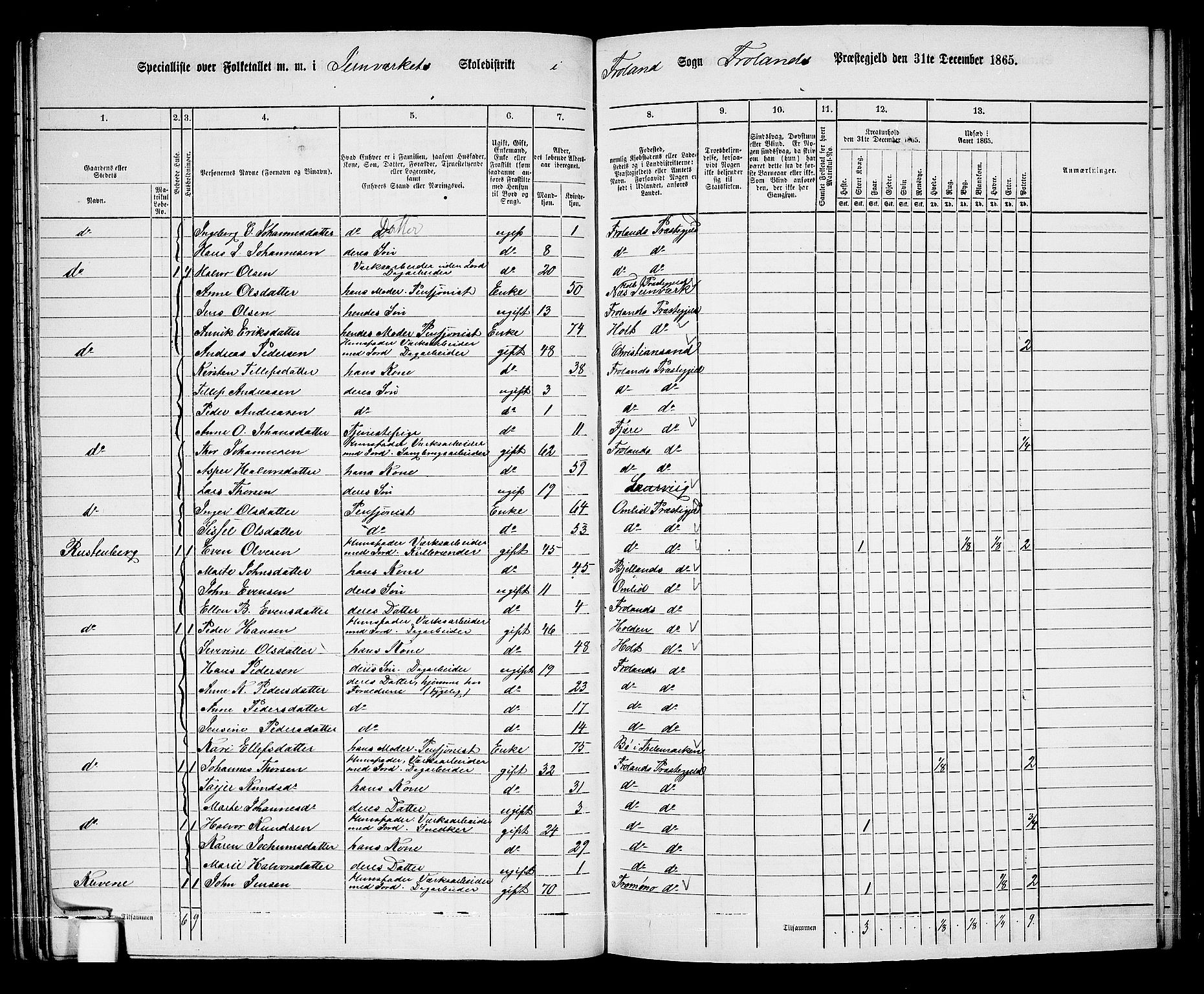 RA, 1865 census for Froland, 1865, p. 42