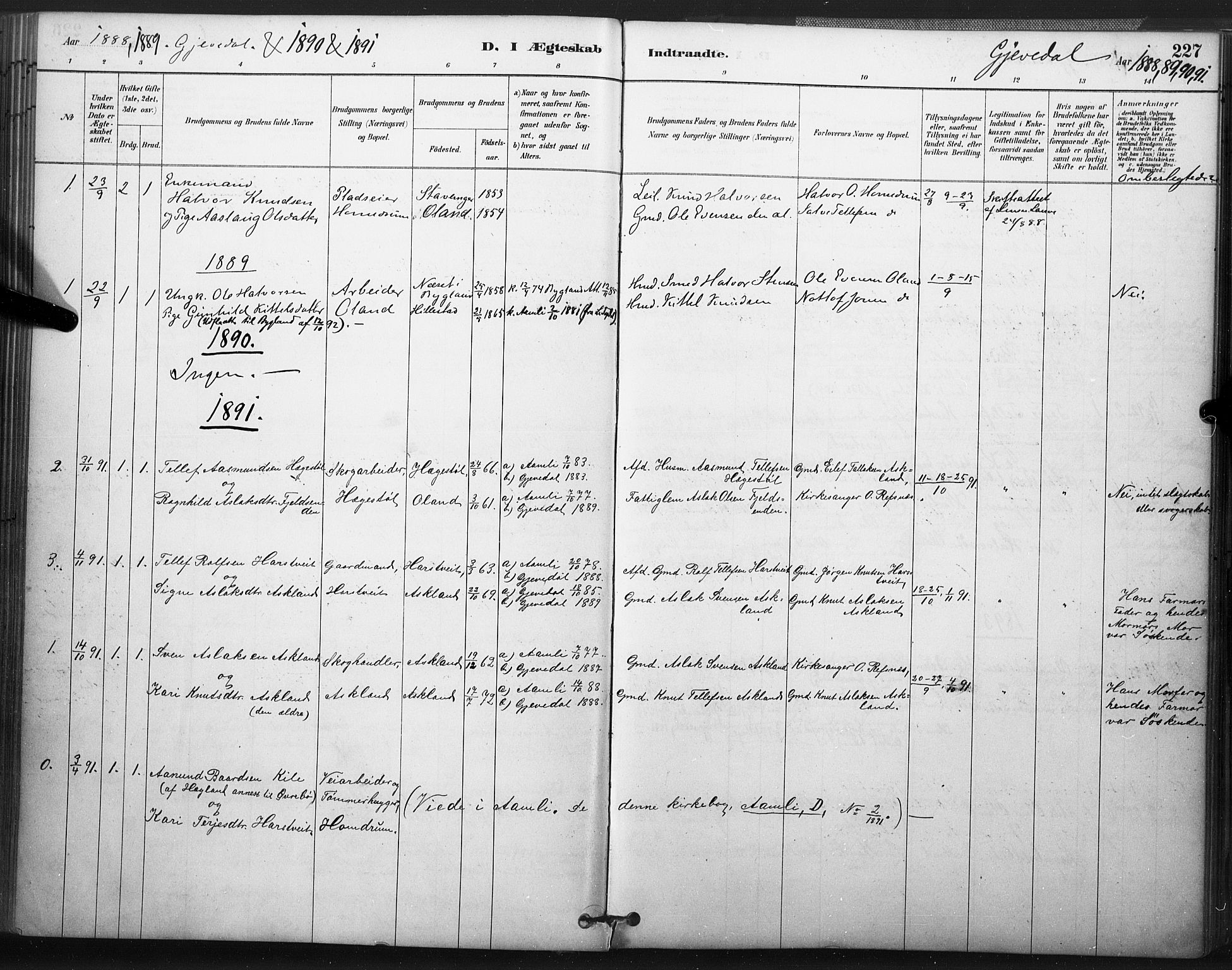 Åmli sokneprestkontor, AV/SAK-1111-0050/F/Fa/Fac/L0010: Parish register (official) no. A 10 /2, 1885-1899, p. 227