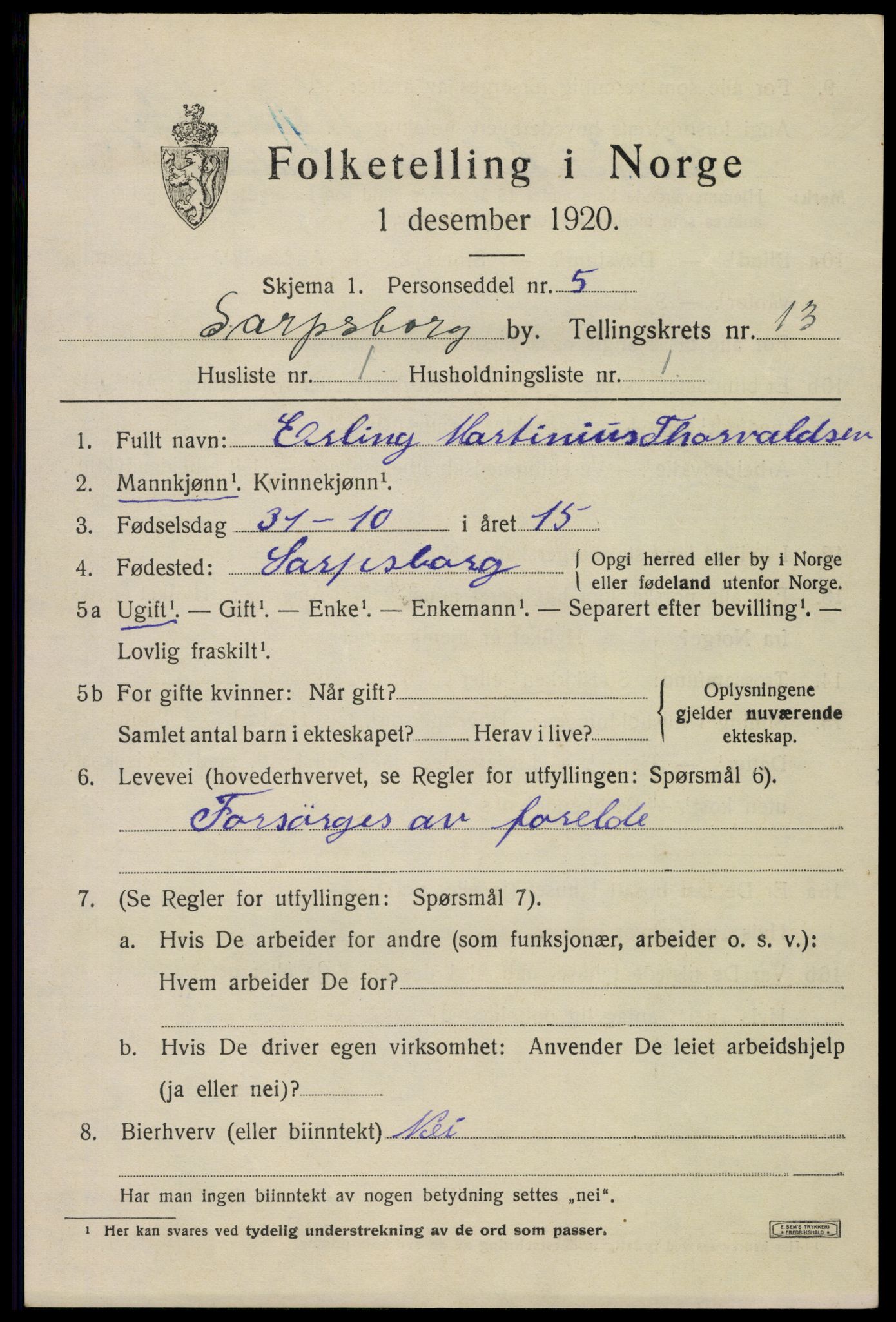 SAO, 1920 census for Sarpsborg, 1920, p. 27612