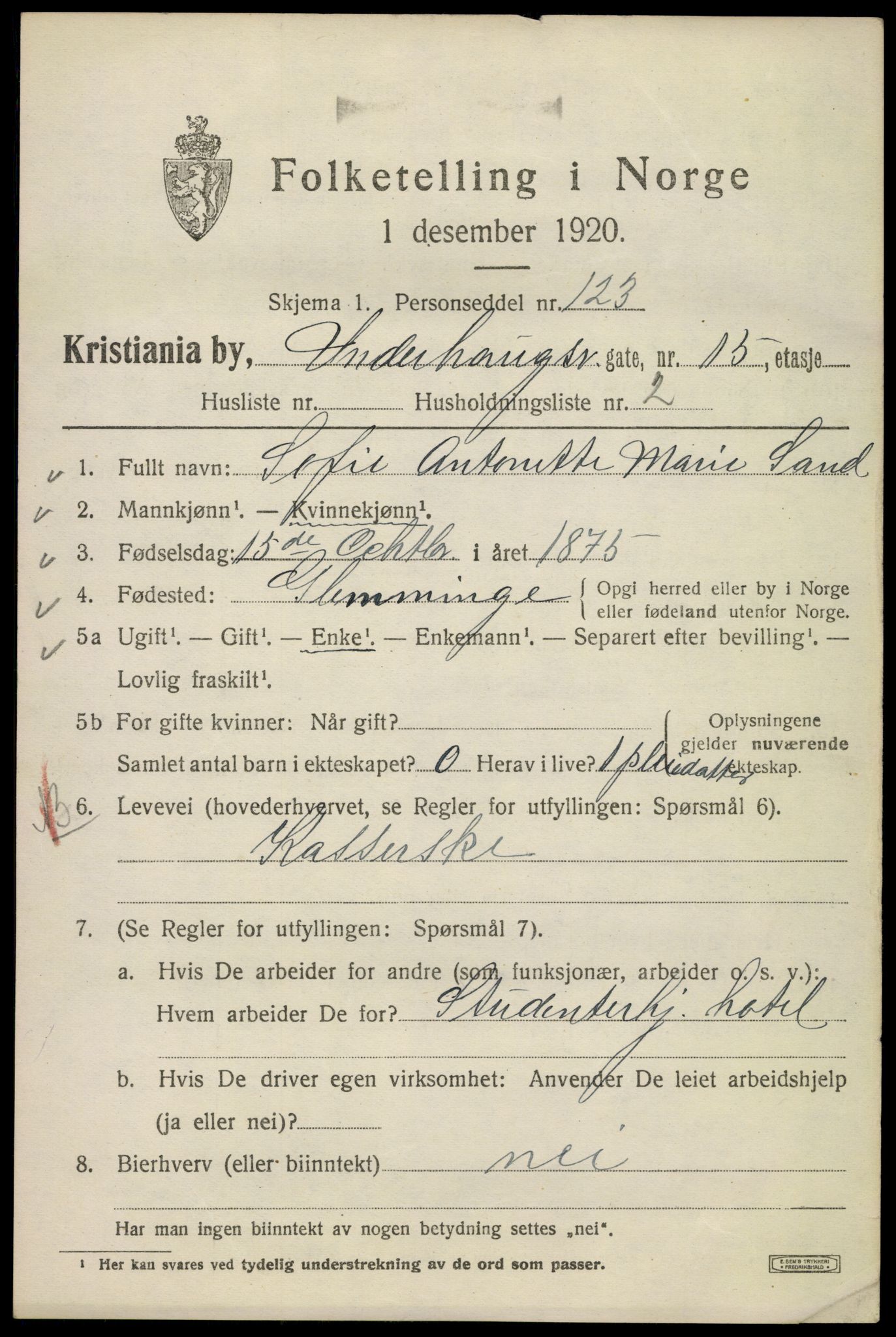 SAO, 1920 census for Kristiania, 1920, p. 618065