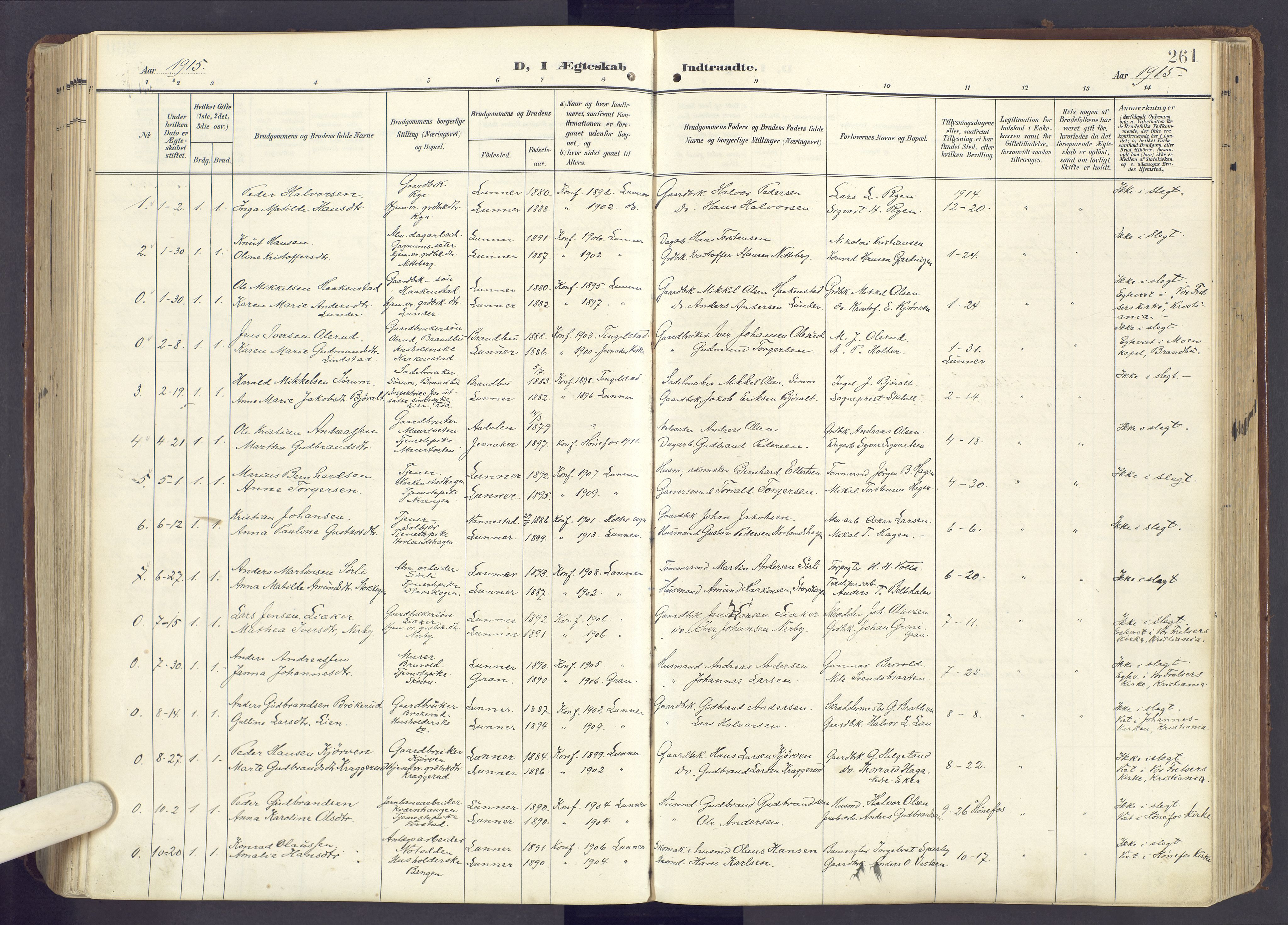 Lunner prestekontor, SAH/PREST-118/H/Ha/Haa/L0001: Parish register (official) no. 1, 1907-1922, p. 261