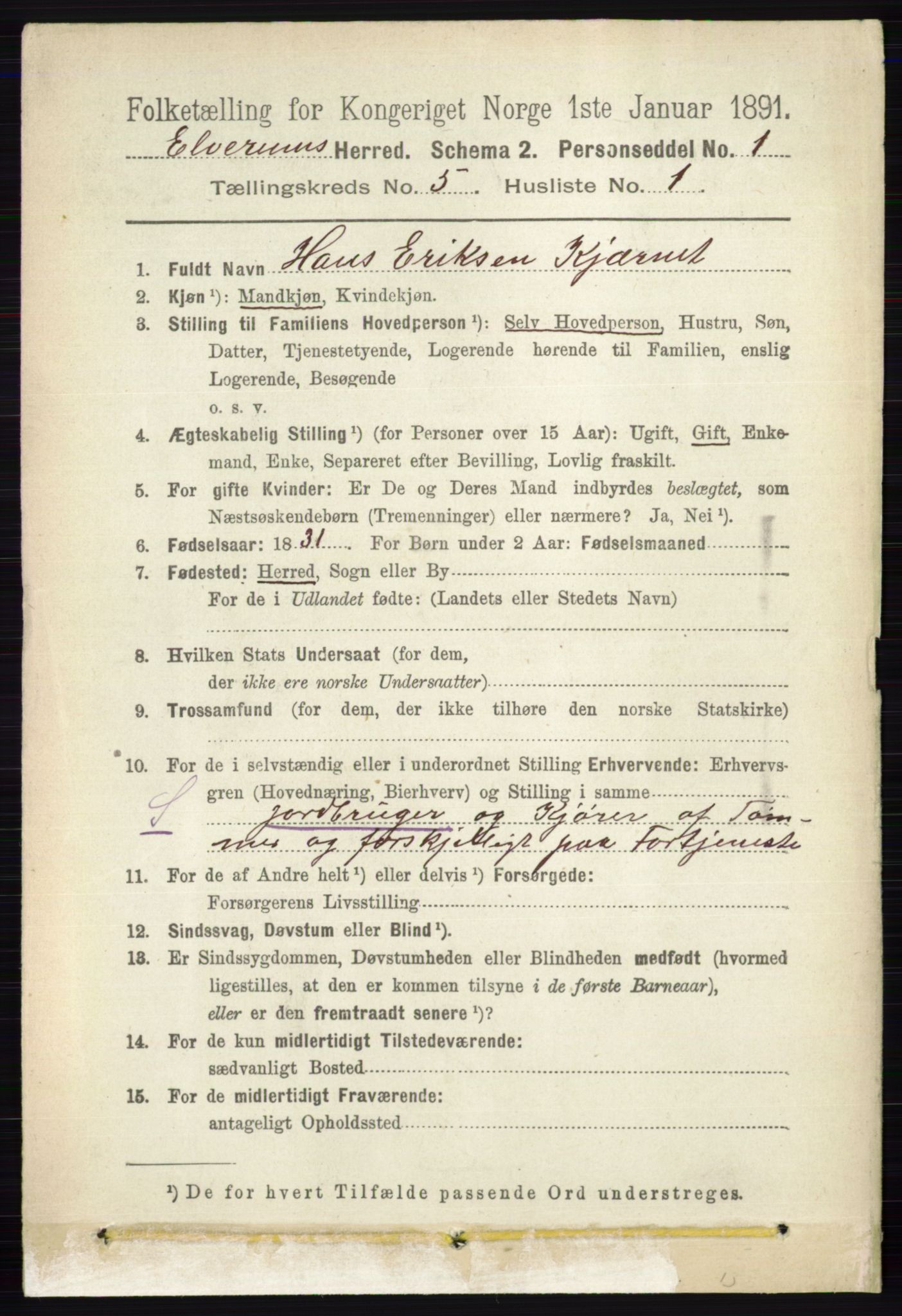 RA, 1891 census for 0427 Elverum, 1891, p. 3081