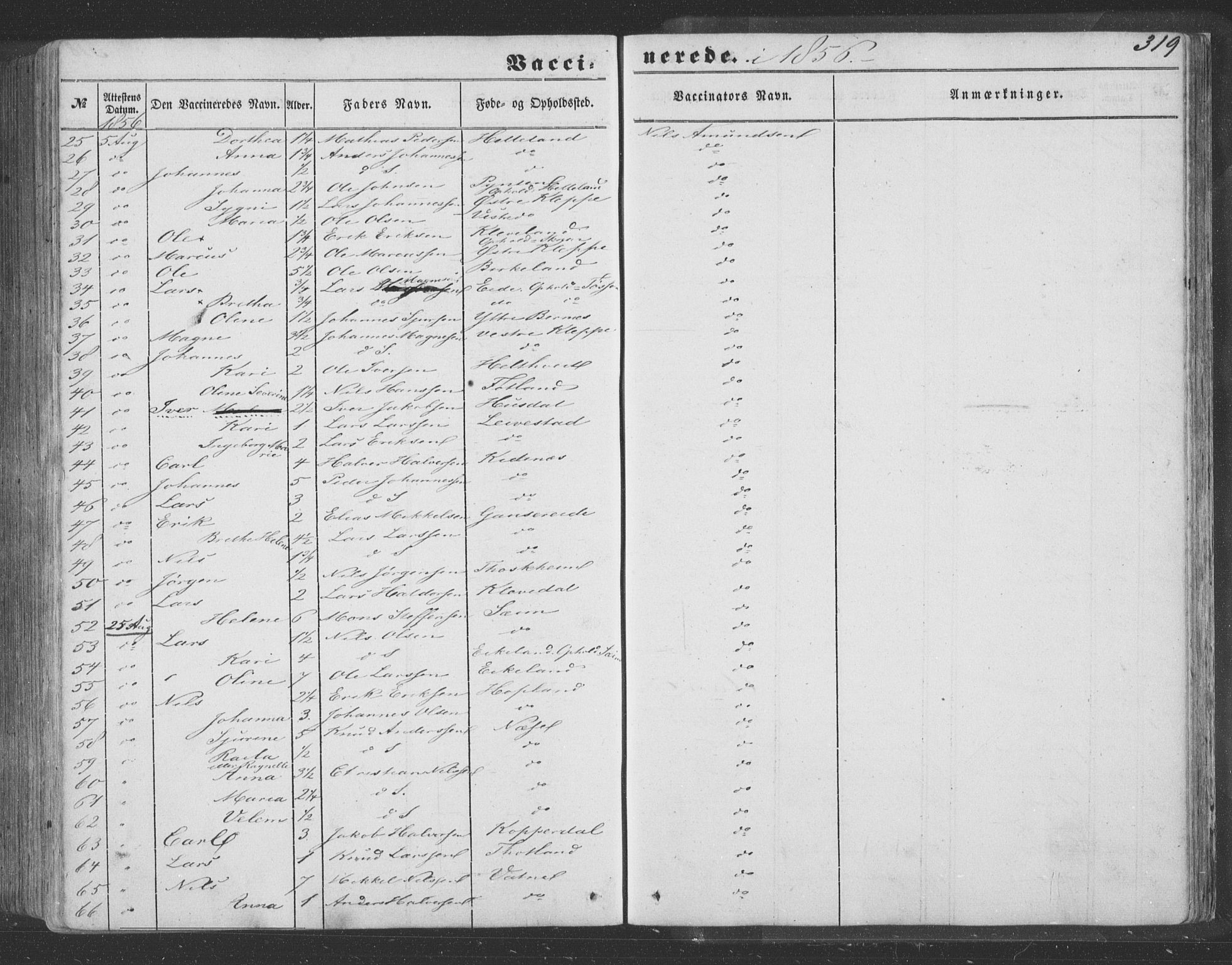 Hosanger sokneprestembete, SAB/A-75801/H/Haa: Parish register (official) no. A 8, 1849-1863, p. 319