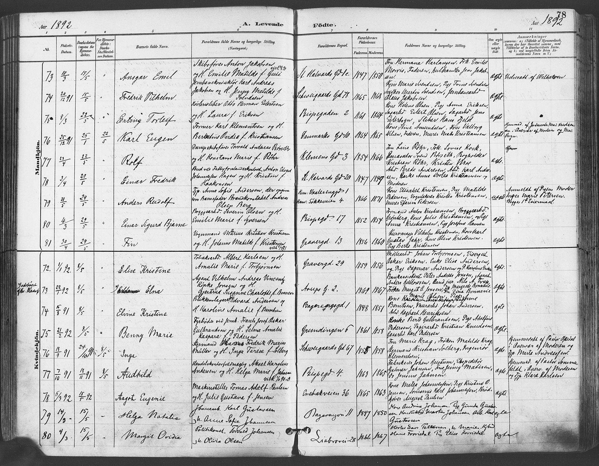 Gamlebyen prestekontor Kirkebøker, SAO/A-10884/F/Fa/L0007: Parish register (official) no. 7, 1889-1899, p. 78