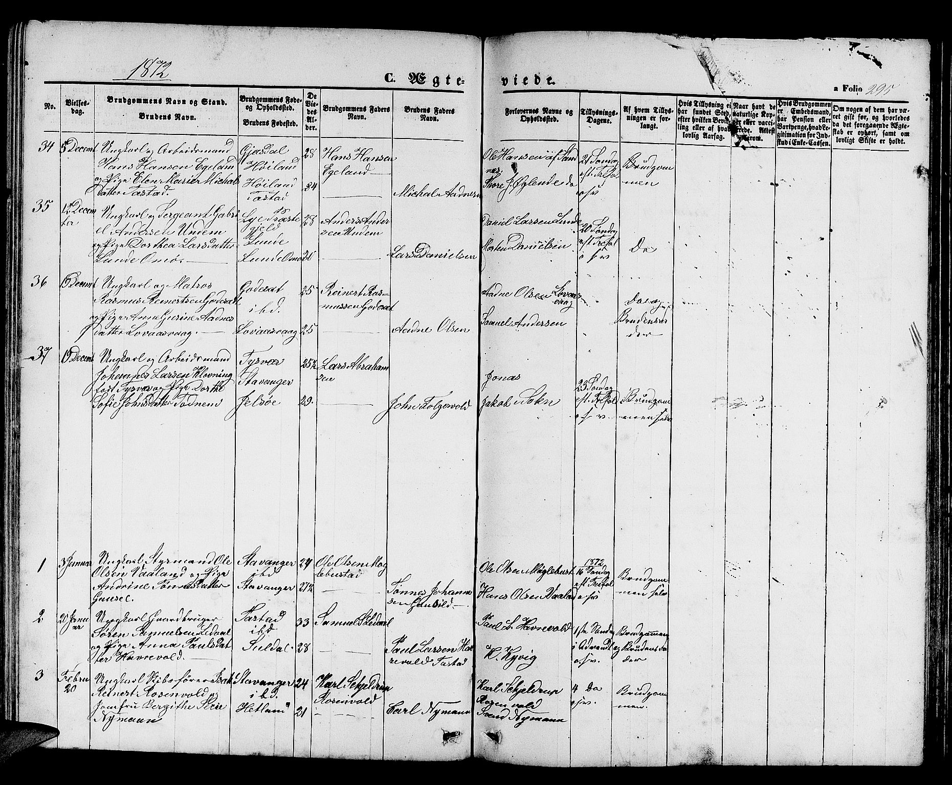 Hetland sokneprestkontor, SAST/A-101826/30/30BB/L0003: Parish register (copy) no. B 3, 1863-1877, p. 295