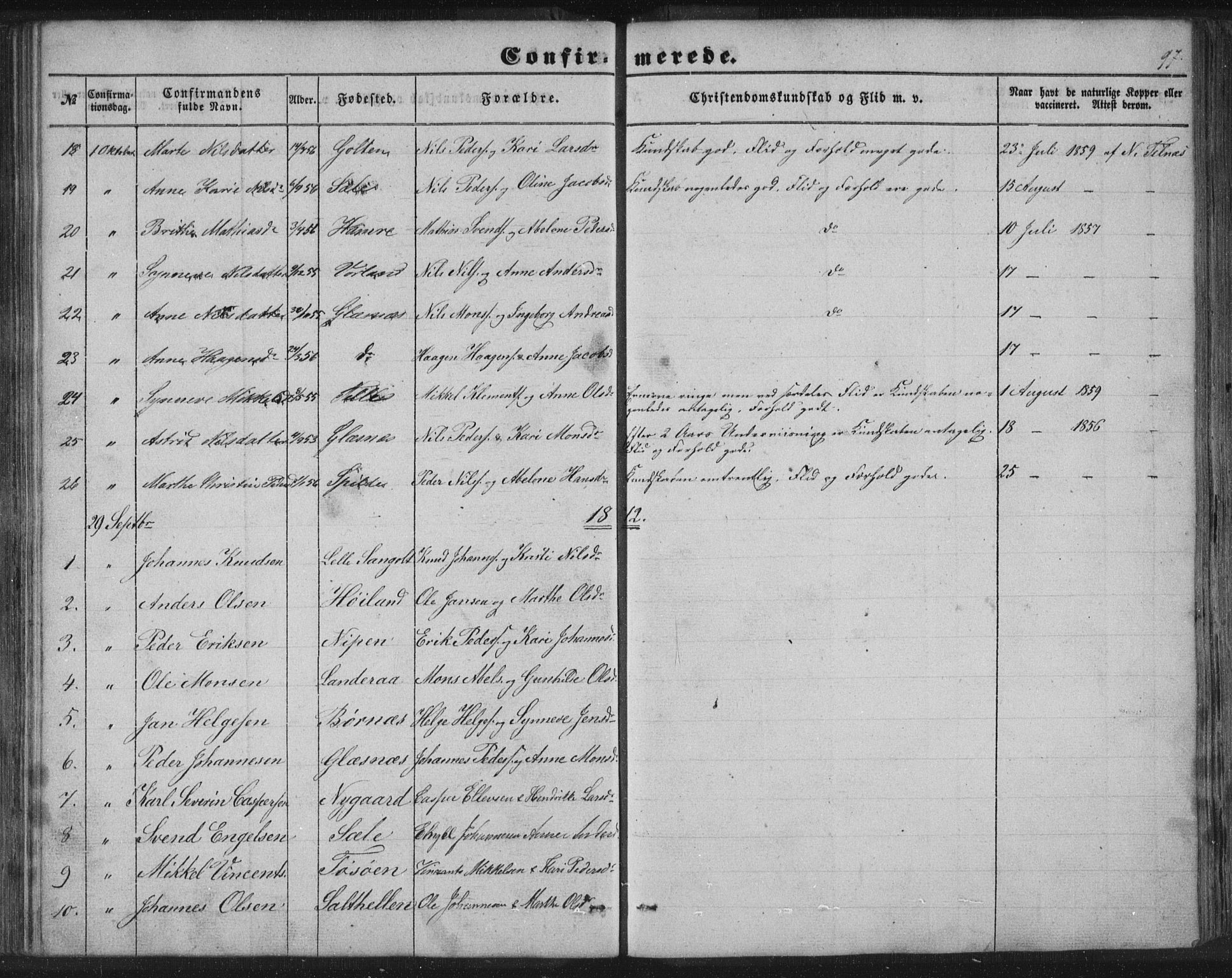 Sund sokneprestembete, SAB/A-99930: Parish register (copy) no. B 1, 1852-1873, p. 97