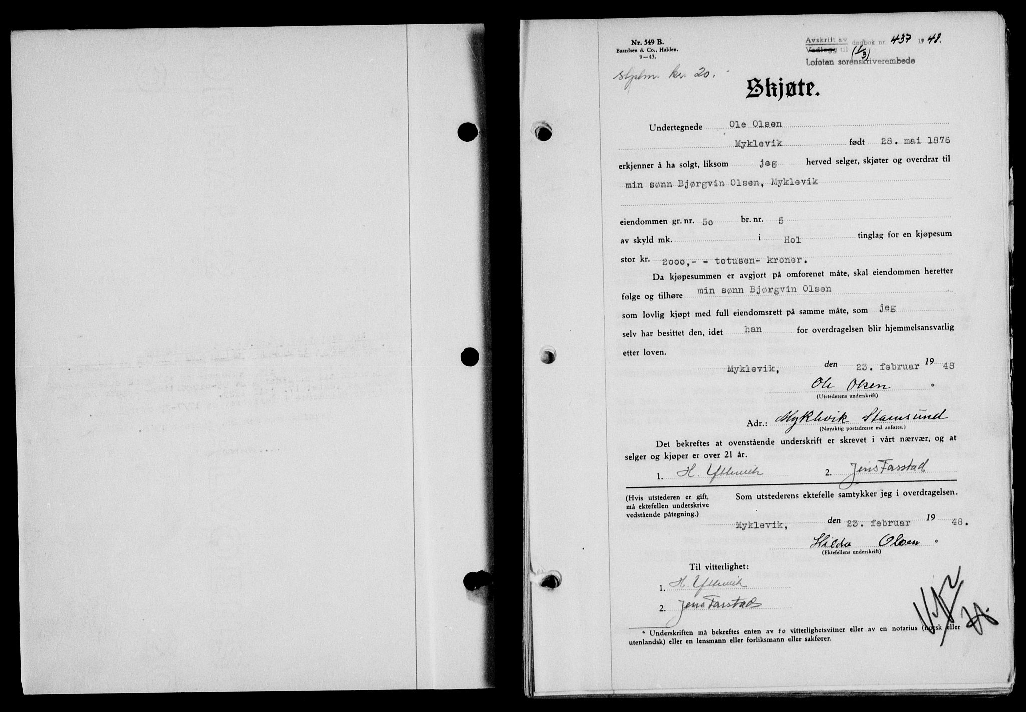 Lofoten sorenskriveri, SAT/A-0017/1/2/2C/L0018a: Mortgage book no. 18a, 1948-1948, Diary no: : 437/1948