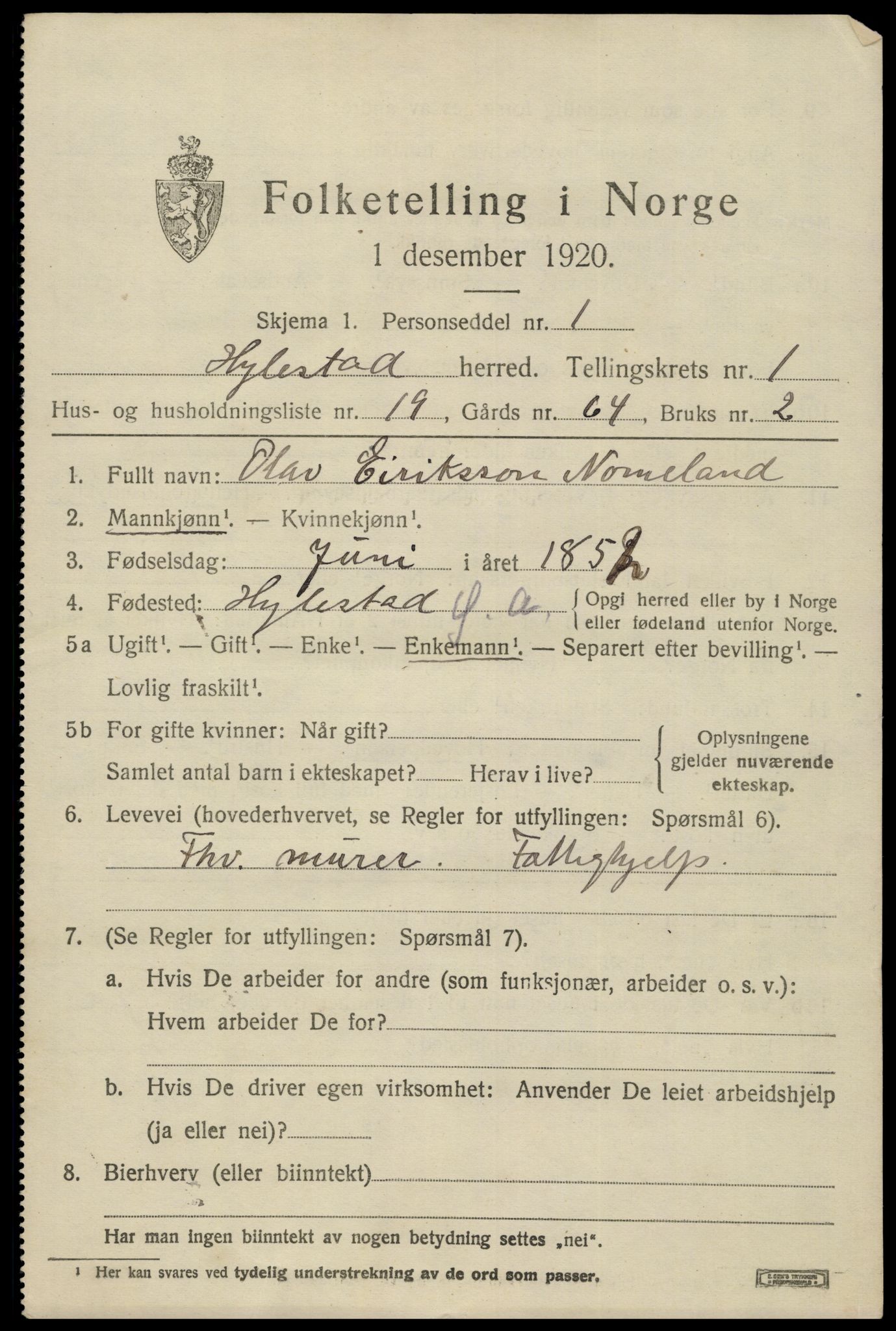 SAK, 1920 census for Hylestad, 1920, p. 458