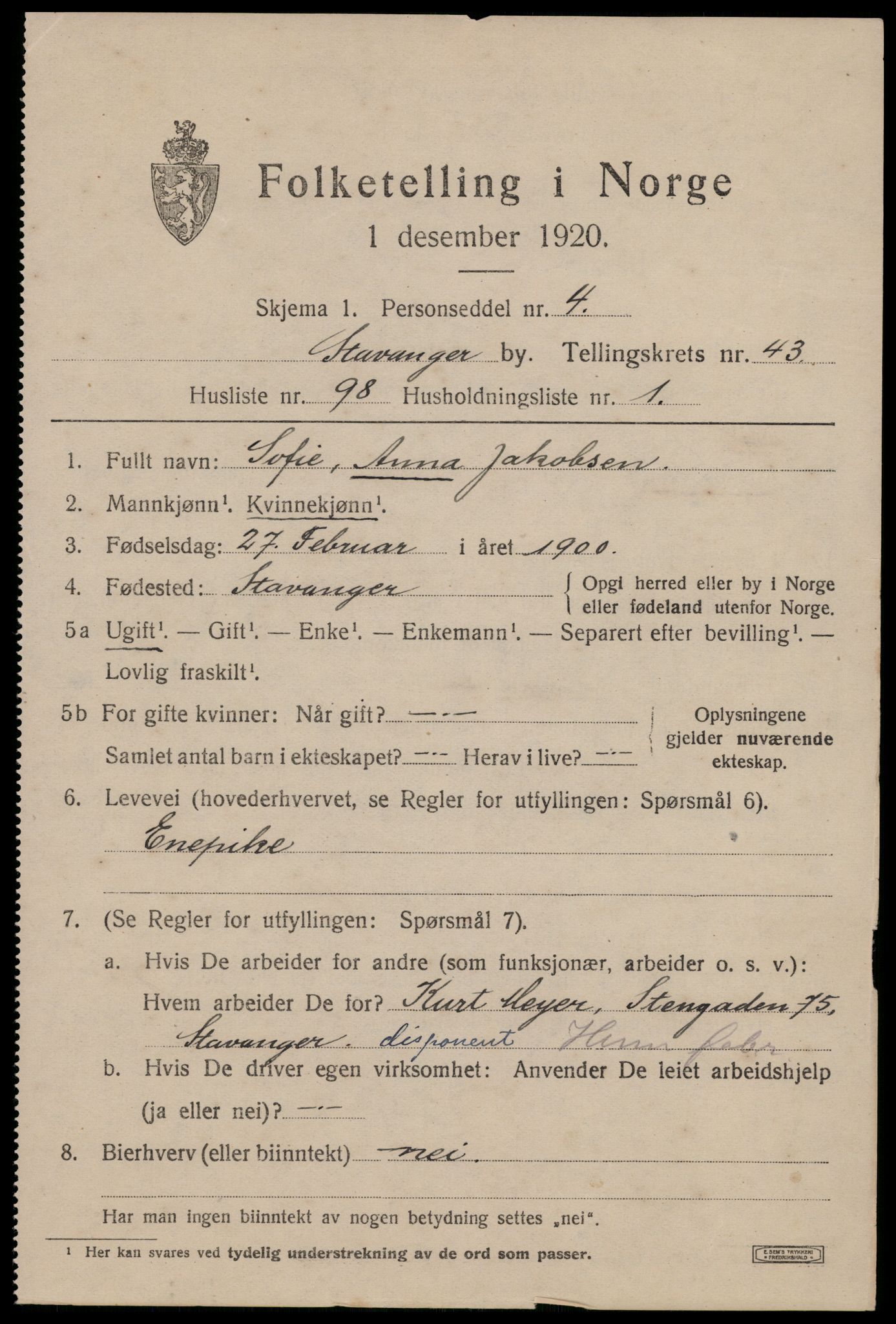 SAST, 1920 census for Stavanger, 1920, p. 108560