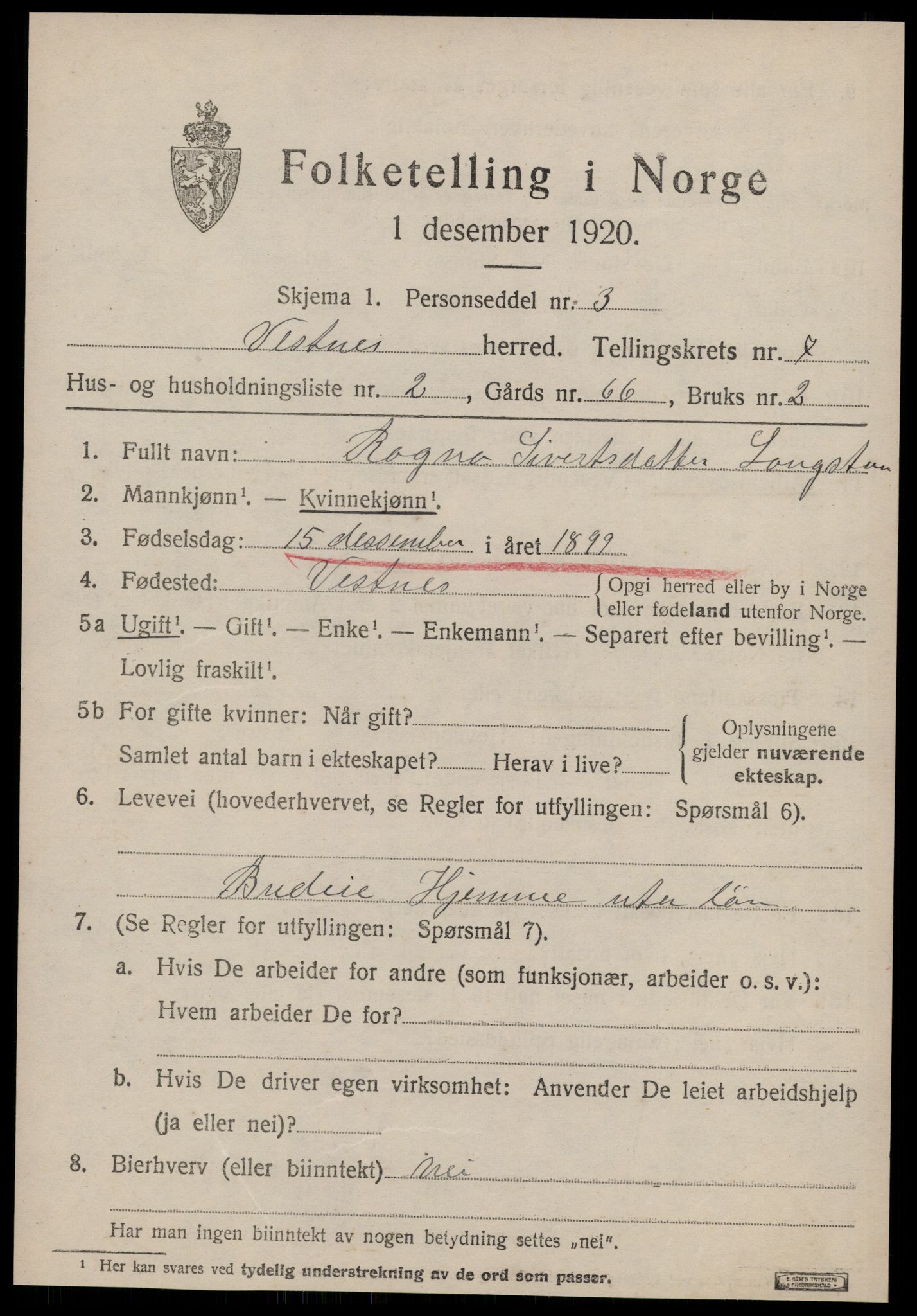 SAT, 1920 census for Vestnes, 1920, p. 5115