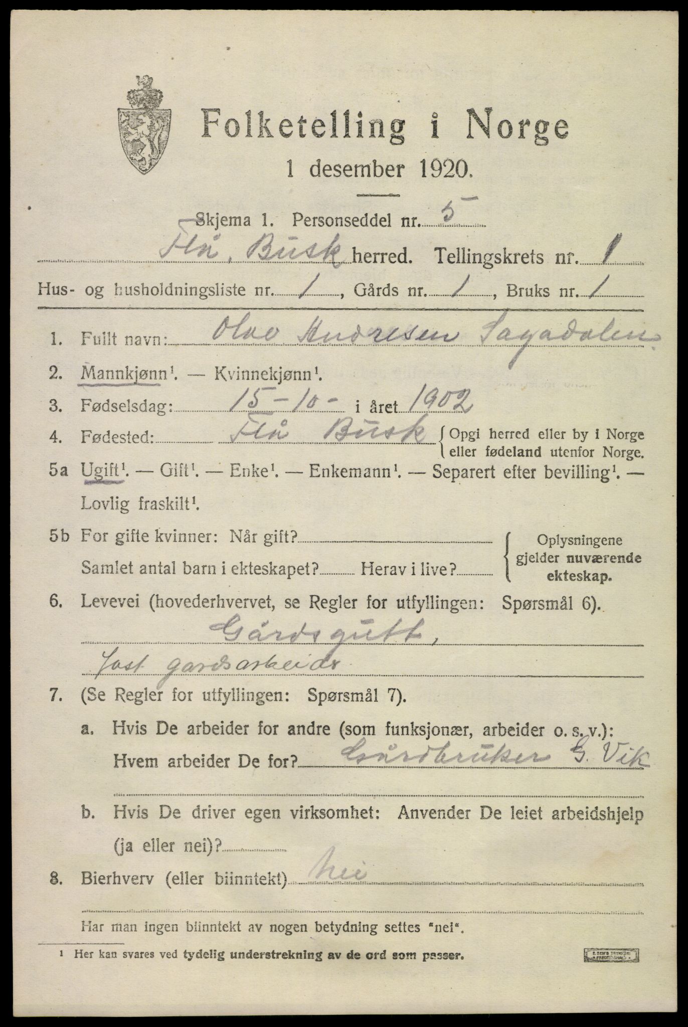 SAKO, 1920 census for Flå, 1920, p. 661