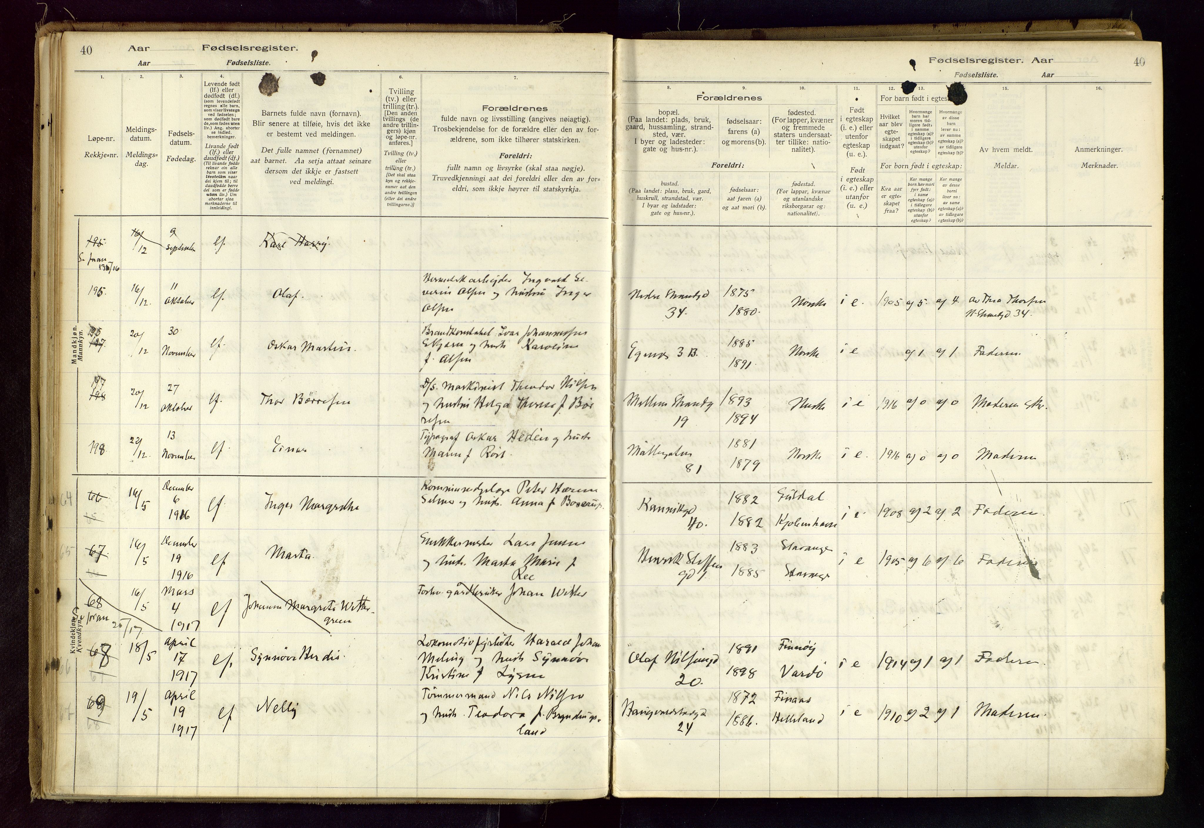 Domkirken sokneprestkontor, AV/SAST-A-101812/002/B/L0001: Birth register no. 1, 1916-1920, p. 40