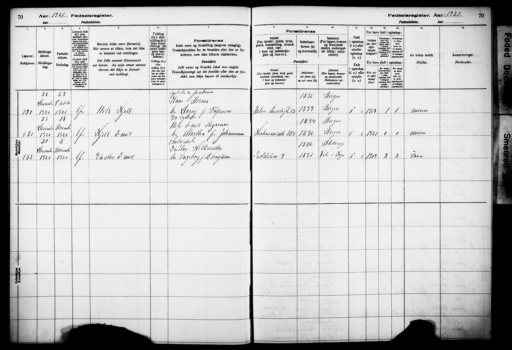 Årstad Sokneprestembete, AV/SAB-A-79301/I/Id/L0A02: Birth register no. A 2, 1920-1924, p. 70