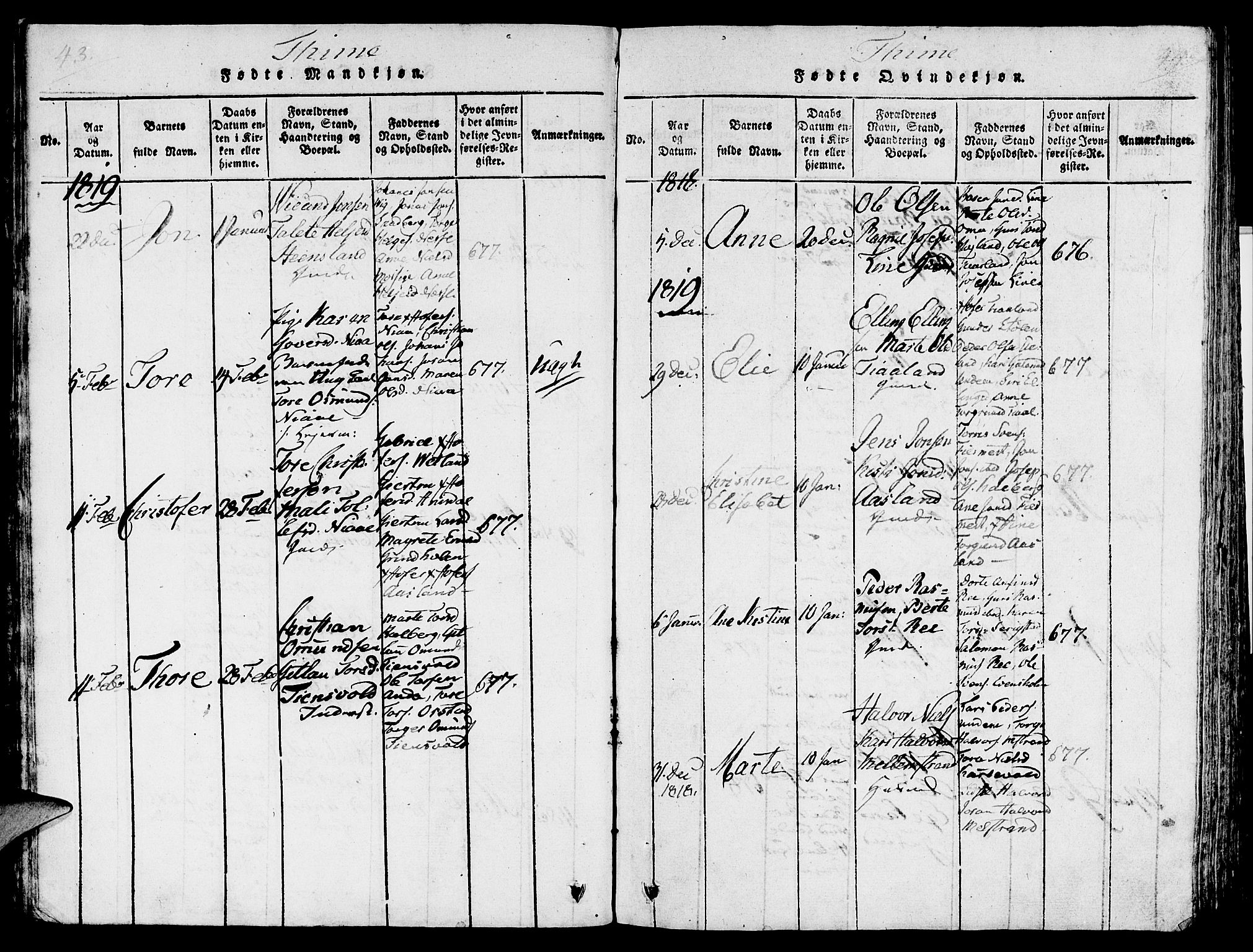 Lye sokneprestkontor, AV/SAST-A-101794/001/30/30BA/L0003: Parish register (official) no. A 3 /1, 1816-1826, p. 43-44