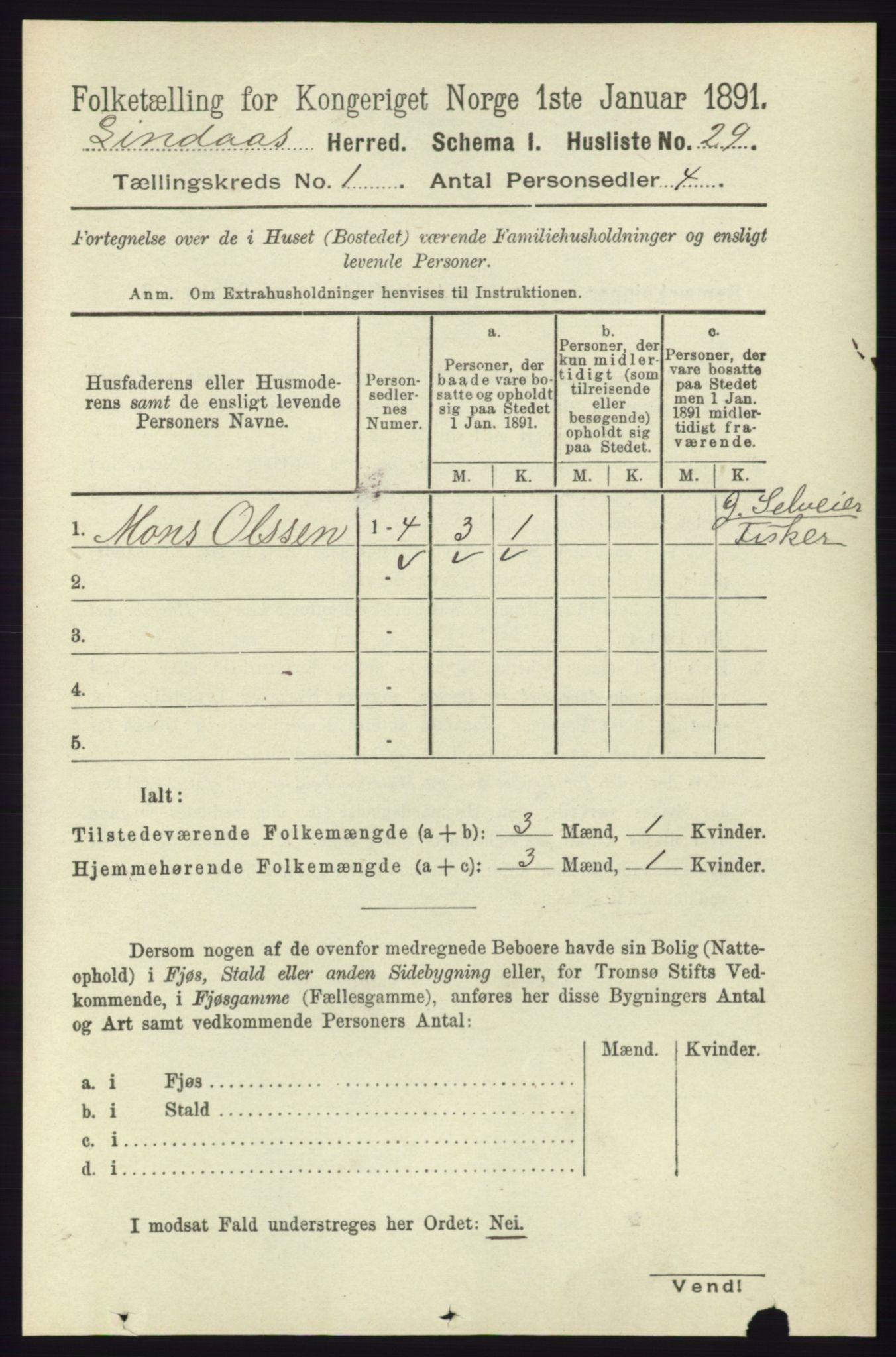 RA, 1891 census for 1263 Lindås, 1891, p. 75