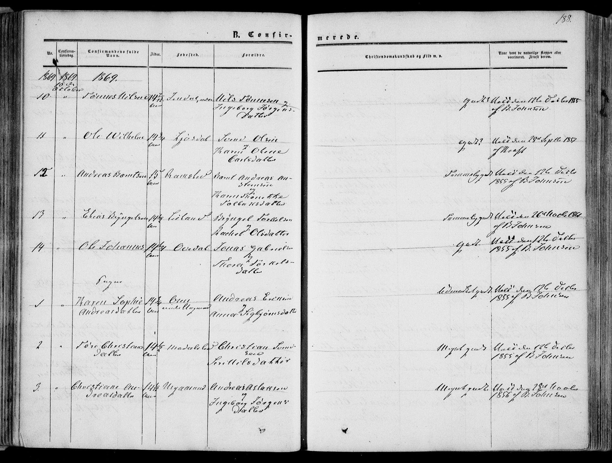 Bakke sokneprestkontor, AV/SAK-1111-0002/F/Fa/Faa/L0006: Parish register (official) no. A 6, 1855-1877, p. 188