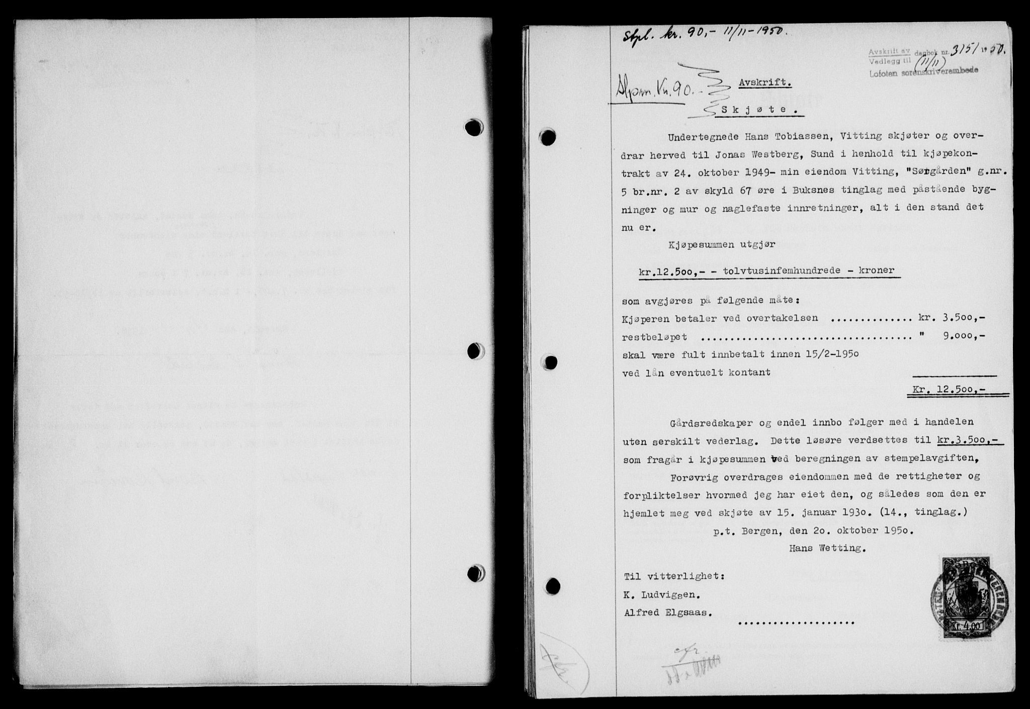 Lofoten sorenskriveri, SAT/A-0017/1/2/2C/L0025a: Mortgage book no. 25a, 1950-1951, Diary no: : 3151/1950