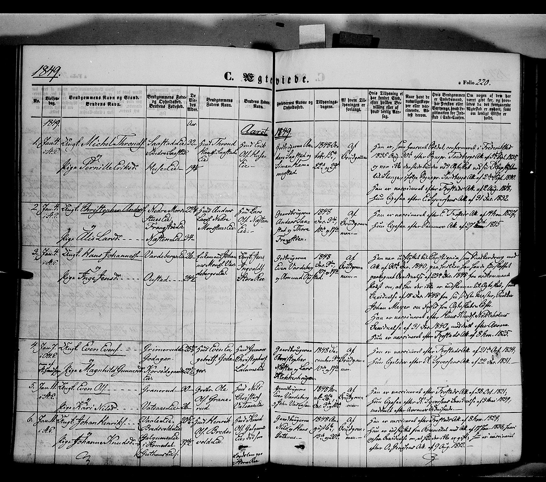 Stange prestekontor, SAH/PREST-002/K/L0011: Parish register (official) no. 11, 1846-1852, p. 220