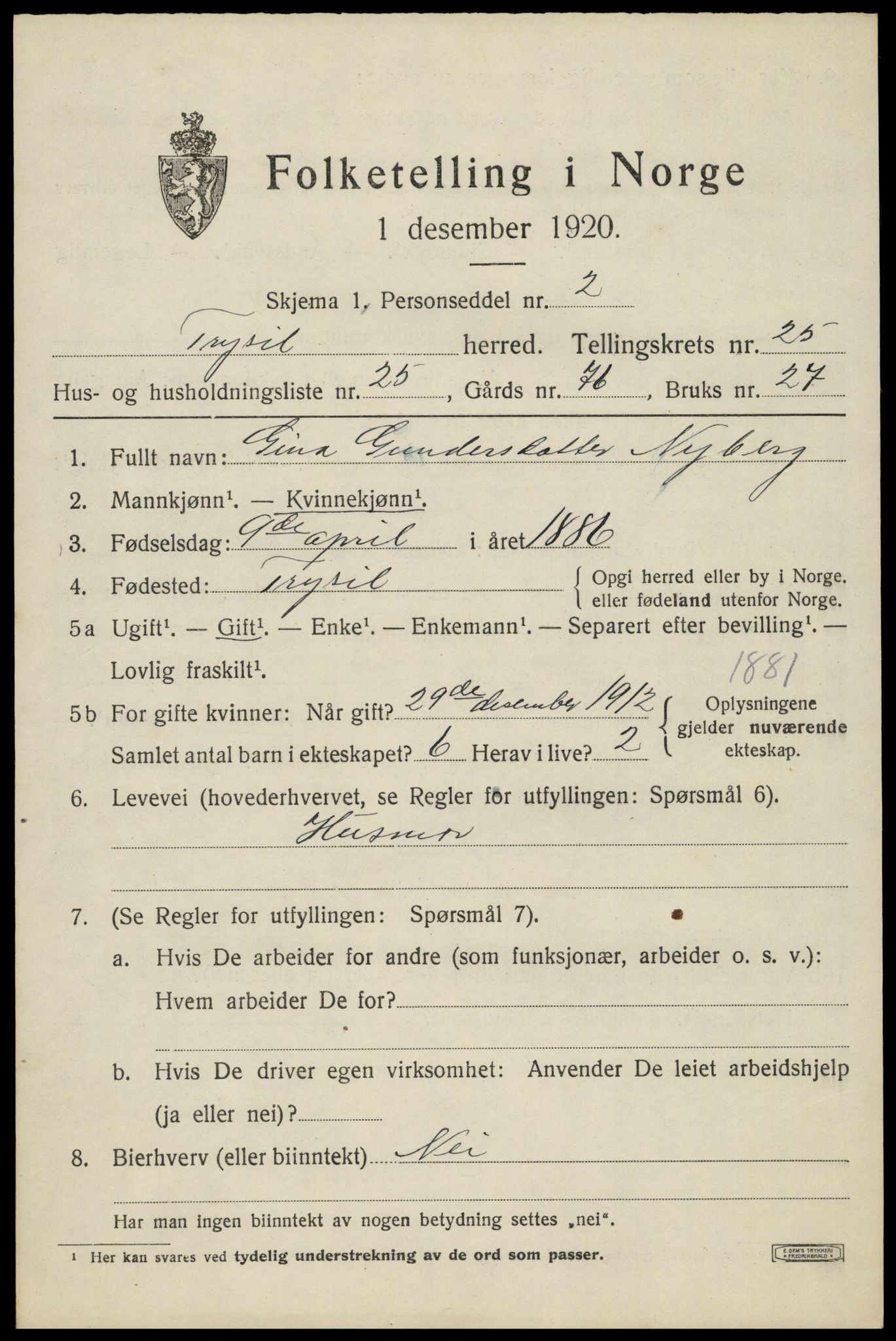 SAH, 1920 census for Trysil, 1920, p. 15979