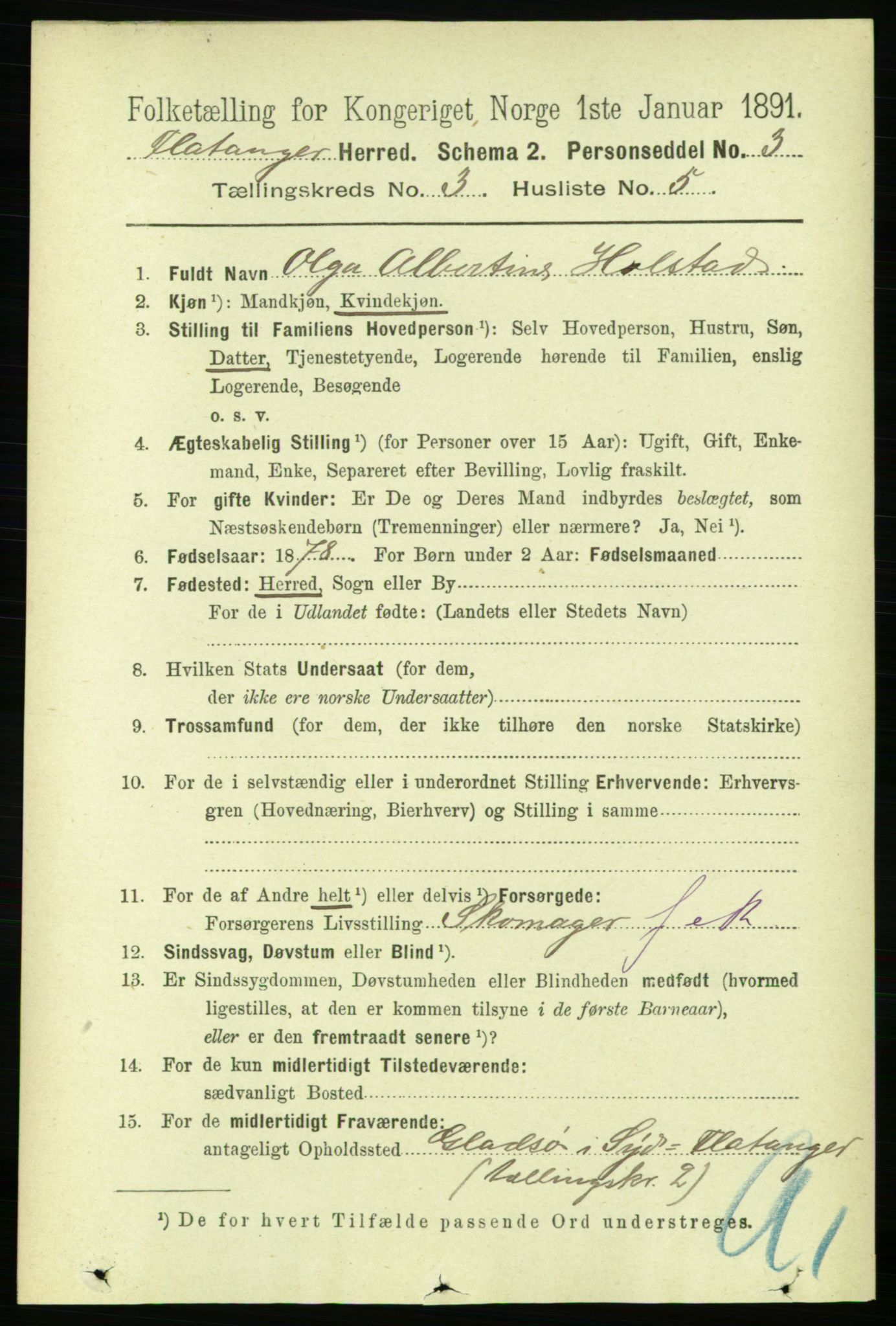 RA, 1891 census for 1749 Flatanger, 1891, p. 1380