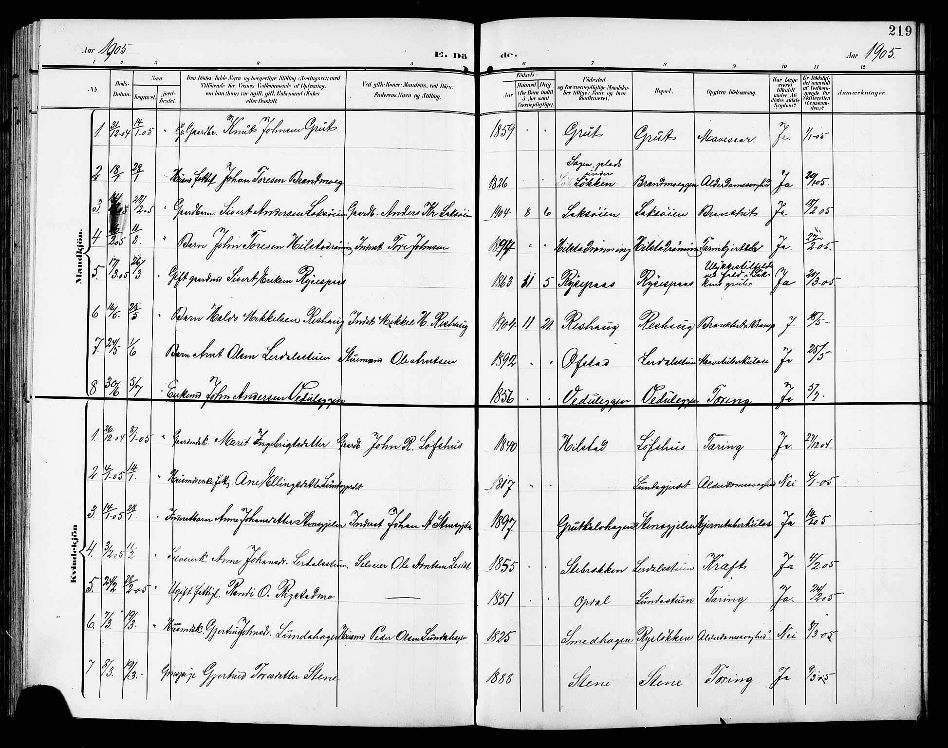 Ministerialprotokoller, klokkerbøker og fødselsregistre - Sør-Trøndelag, SAT/A-1456/672/L0864: Parish register (copy) no. 672C03, 1902-1914, p. 219