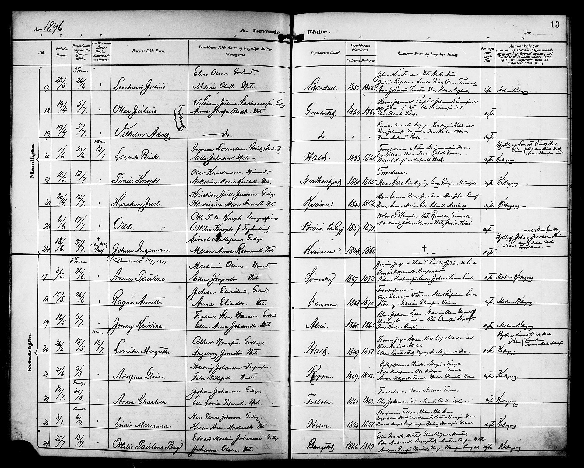 Ministerialprotokoller, klokkerbøker og fødselsregistre - Nordland, AV/SAT-A-1459/810/L0152: Parish register (official) no. 810A11, 1895-1899, p. 13