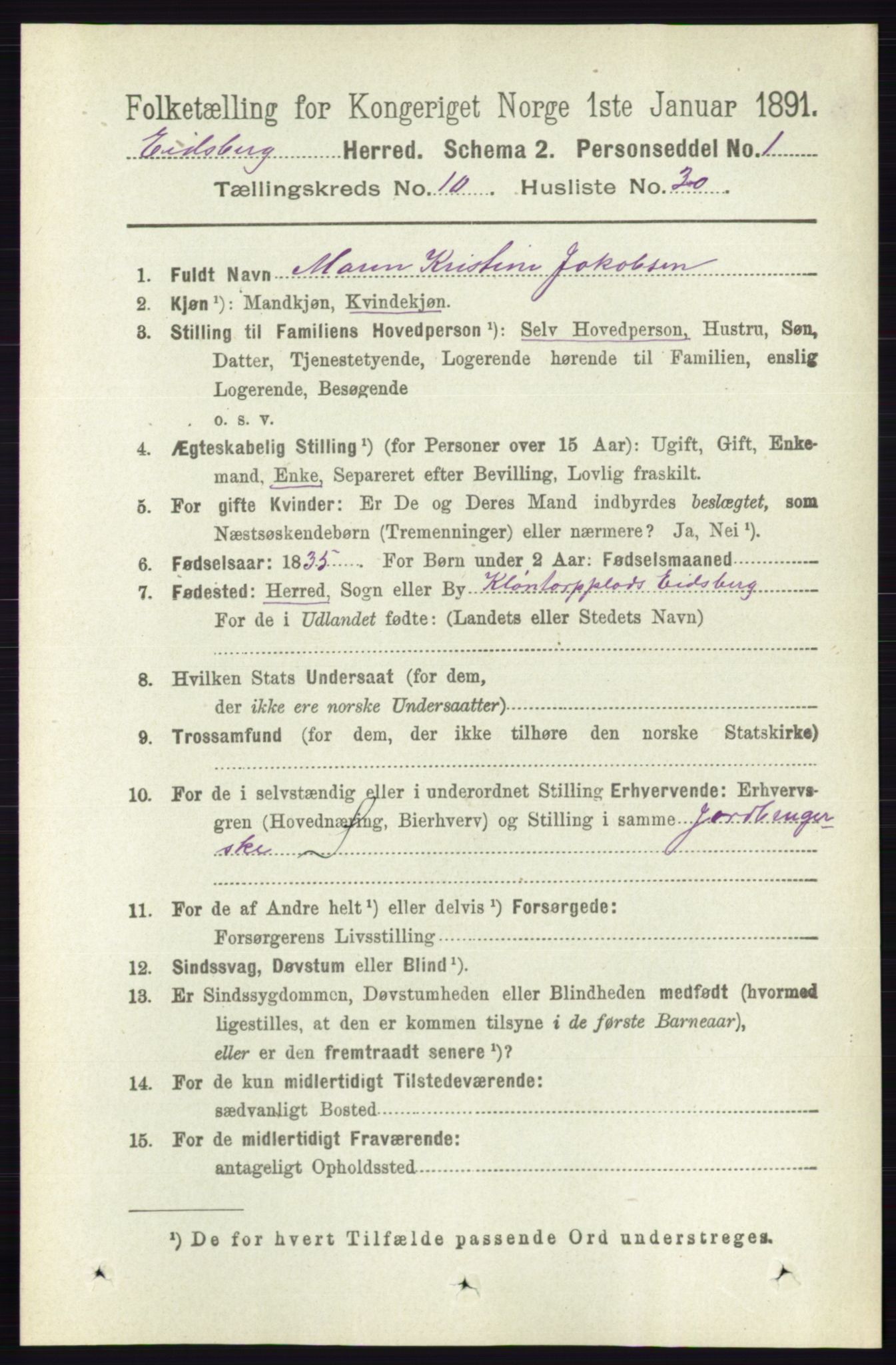 RA, 1891 census for 0125 Eidsberg, 1891, p. 5843