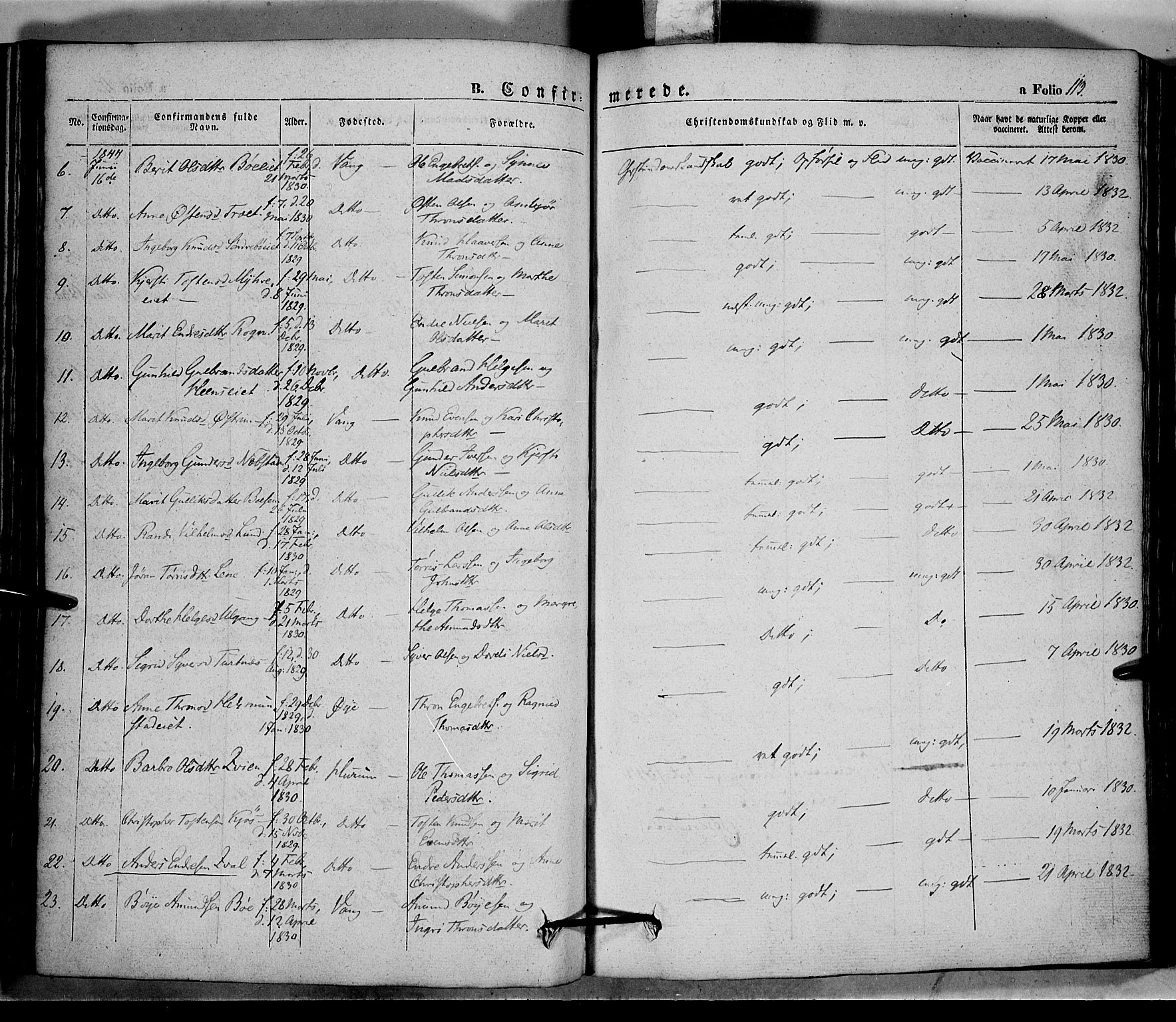 Vang prestekontor, Valdres, AV/SAH-PREST-140/H/Ha/L0005: Parish register (official) no. 5, 1831-1845, p. 113