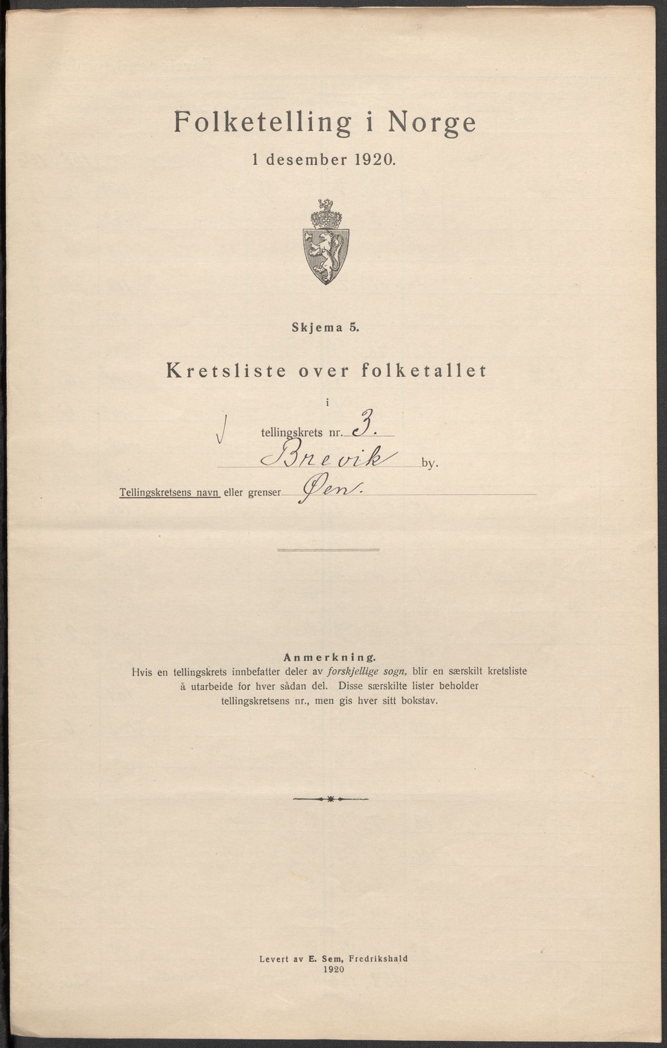 SAKO, 1920 census for Brevik, 1920, p. 12