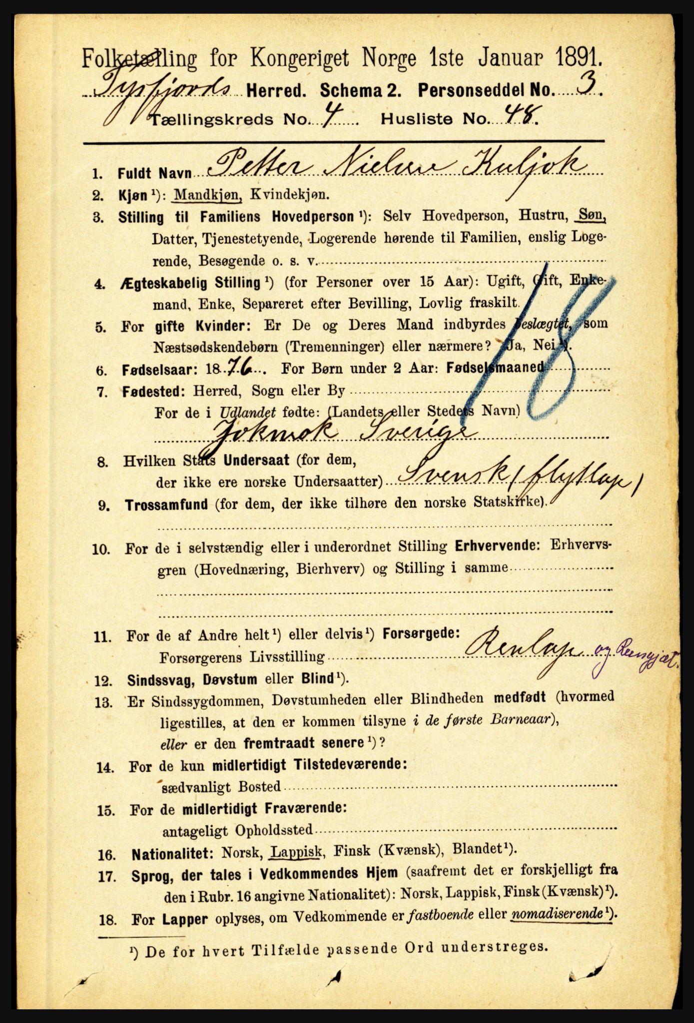 RA, 1891 census for 1850 Tysfjord, 1891, p. 1707