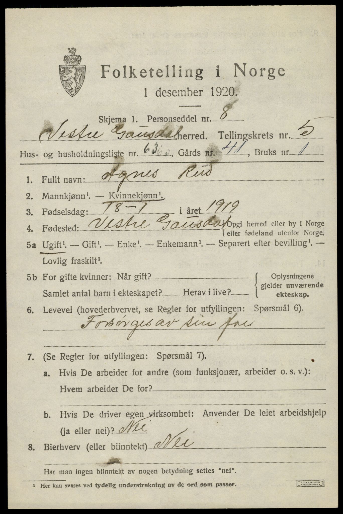 SAH, 1920 census for Vestre Gausdal, 1920, p. 4383