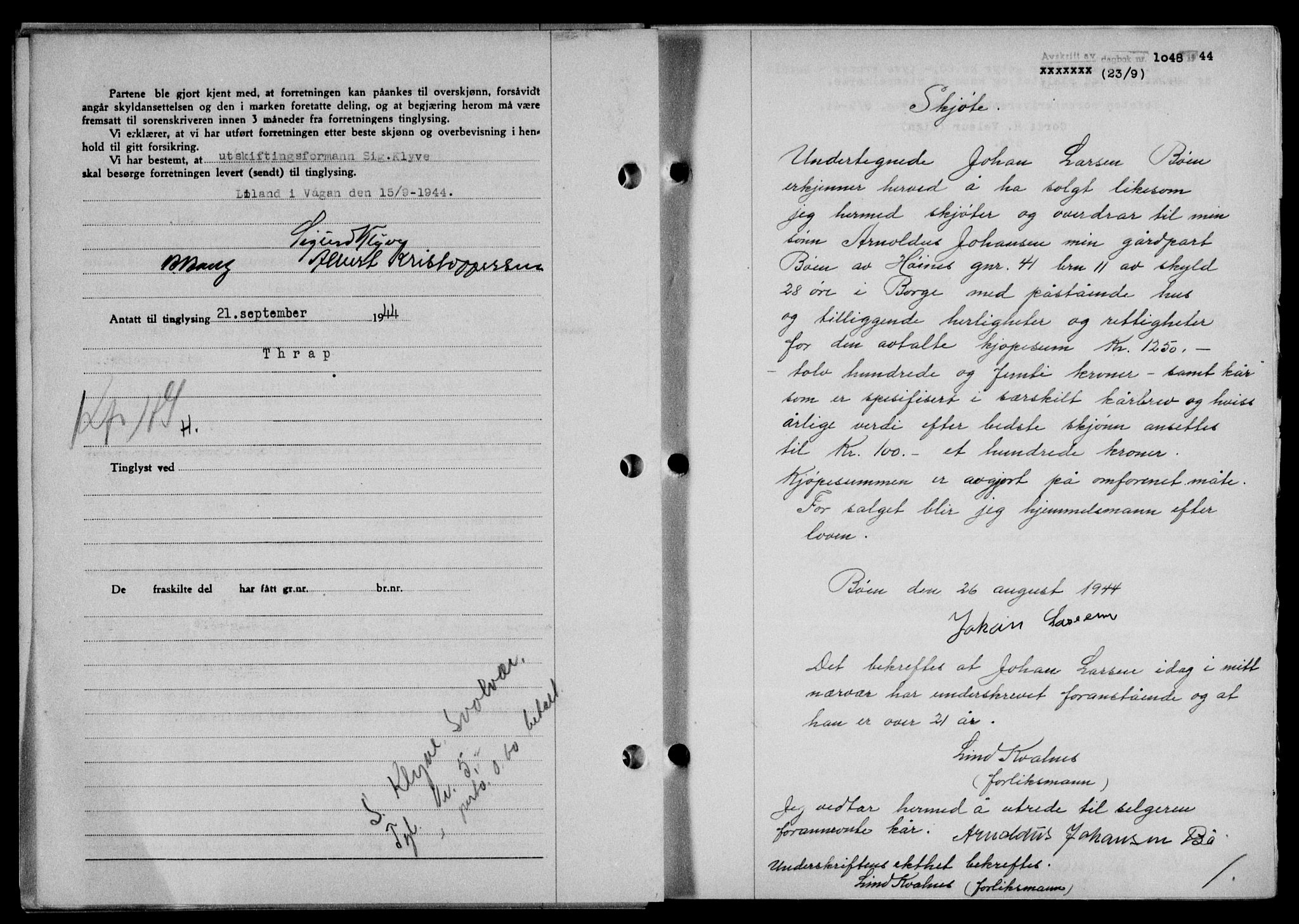 Lofoten sorenskriveri, SAT/A-0017/1/2/2C/L0012a: Mortgage book no. 12a, 1943-1944, Diary no: : 1048/1944